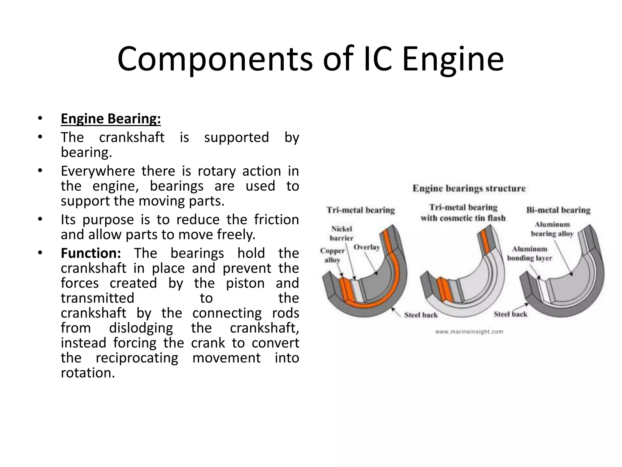 Components of IC Engine
• Engine Bearing:
• The crankshaft is supported by
bearing.
• Everywhere there is rotary action in
the engine, bearings are used to
support the moving parts.
• Its purpose is to reduce the friction
and allow parts to move freely.
• Function: The bearings hold the
crankshaft in place and prevent the
forces created by the piston and
transmitted to the
crankshaft by the connecting rods
from dislodging the crankshaft,
instead forcing the crank to convert
the reciprocating movement into
rotation.
 