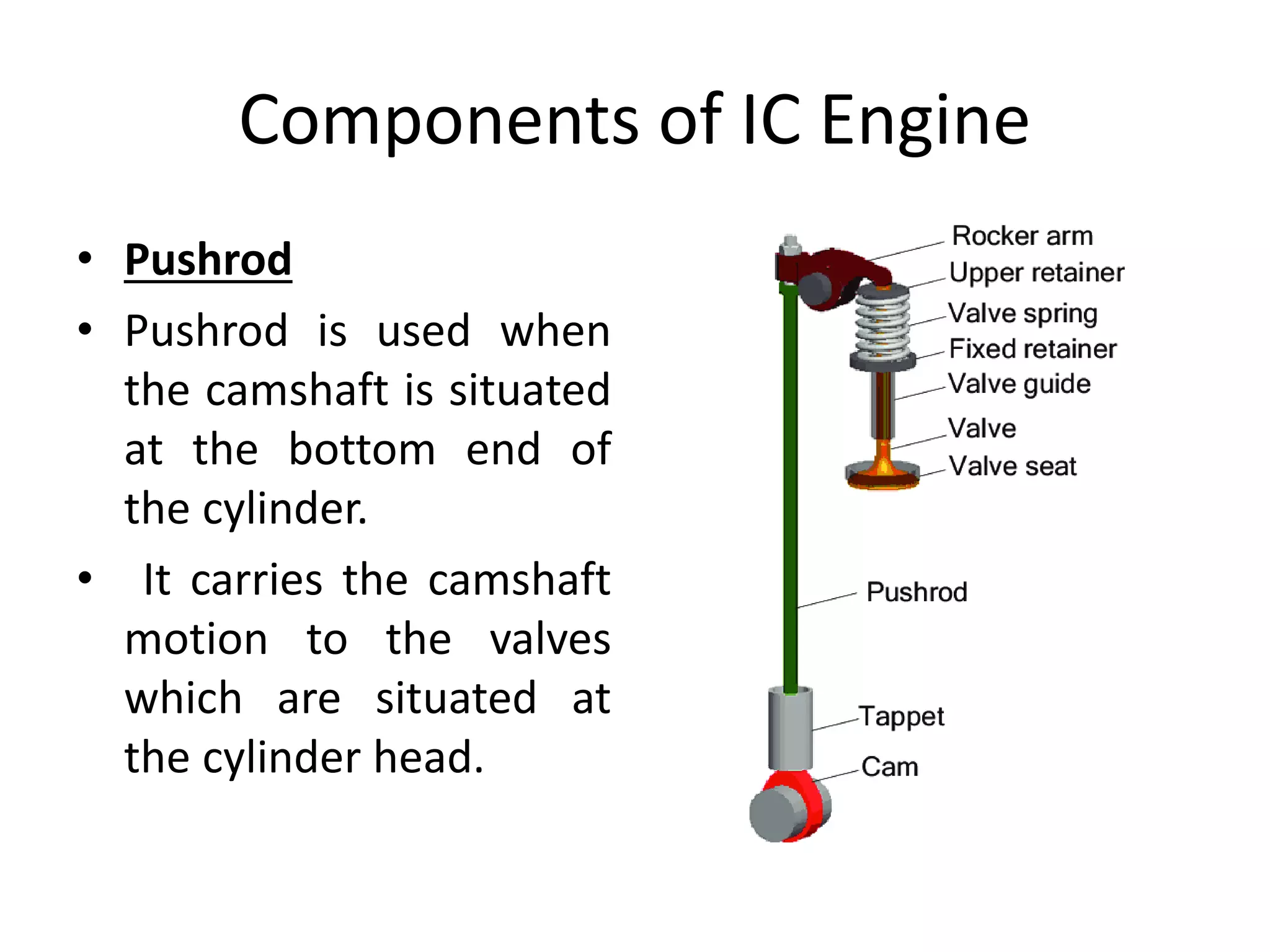 Components of IC Engine
• Pushrod
• Pushrod is used when
the camshaft is situated
at the bottom end of
the cylinder.
• It carries the camshaft
motion to the valves
which are situated at
the cylinder head.
 