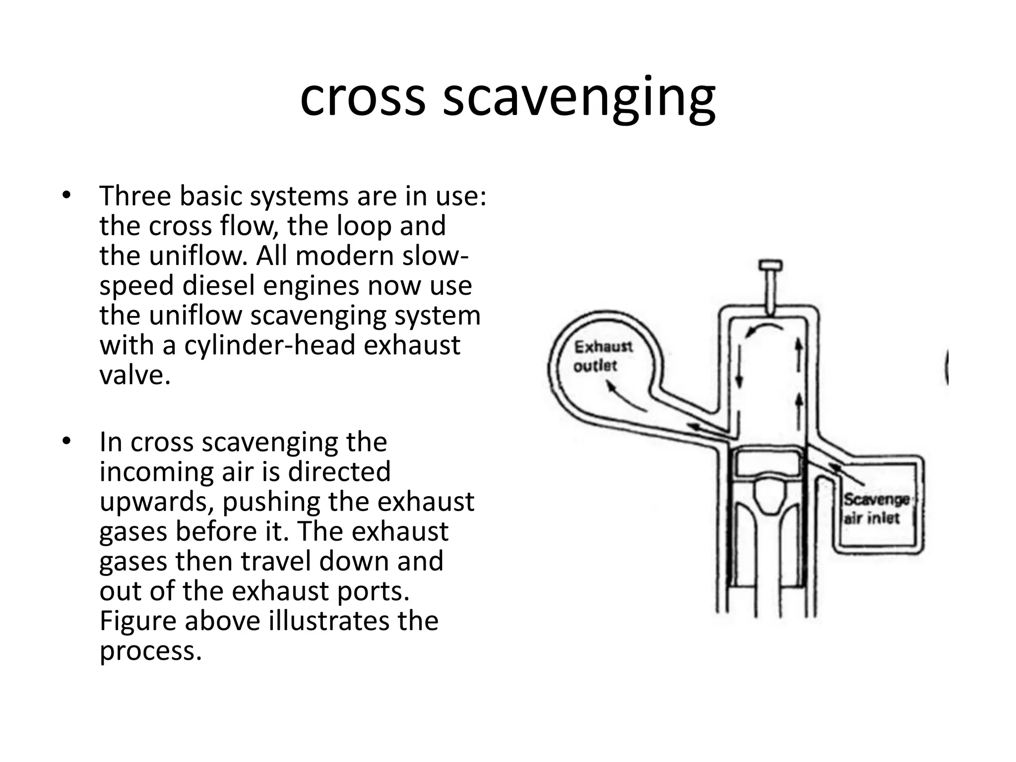 cross scavenging
• Three basic systems are in use:
the cross flow, the loop and
the uniflow. All modern slow-
speed diesel engines now use
the uniflow scavenging system
with a cylinder-head exhaust
valve.
• In cross scavenging the
incoming air is directed
upwards, pushing the exhaust
gases before it. The exhaust
gases then travel down and
out of the exhaust ports.
Figure above illustrates the
process.
 