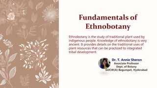 Fundamentals of
Ethnobotany
Ethnobotany is the study of traditional plant used by
indigenous people. Knowledge of ethnobotany is very
ancient. It provides details on the traditional uses of
plant resources that can be practiced to integrated
tribal development.
Dr. T. Annie Sheron
Associate Professor
Dept. of Botany
GDCW(A) Begumpet, Hyderabad
 