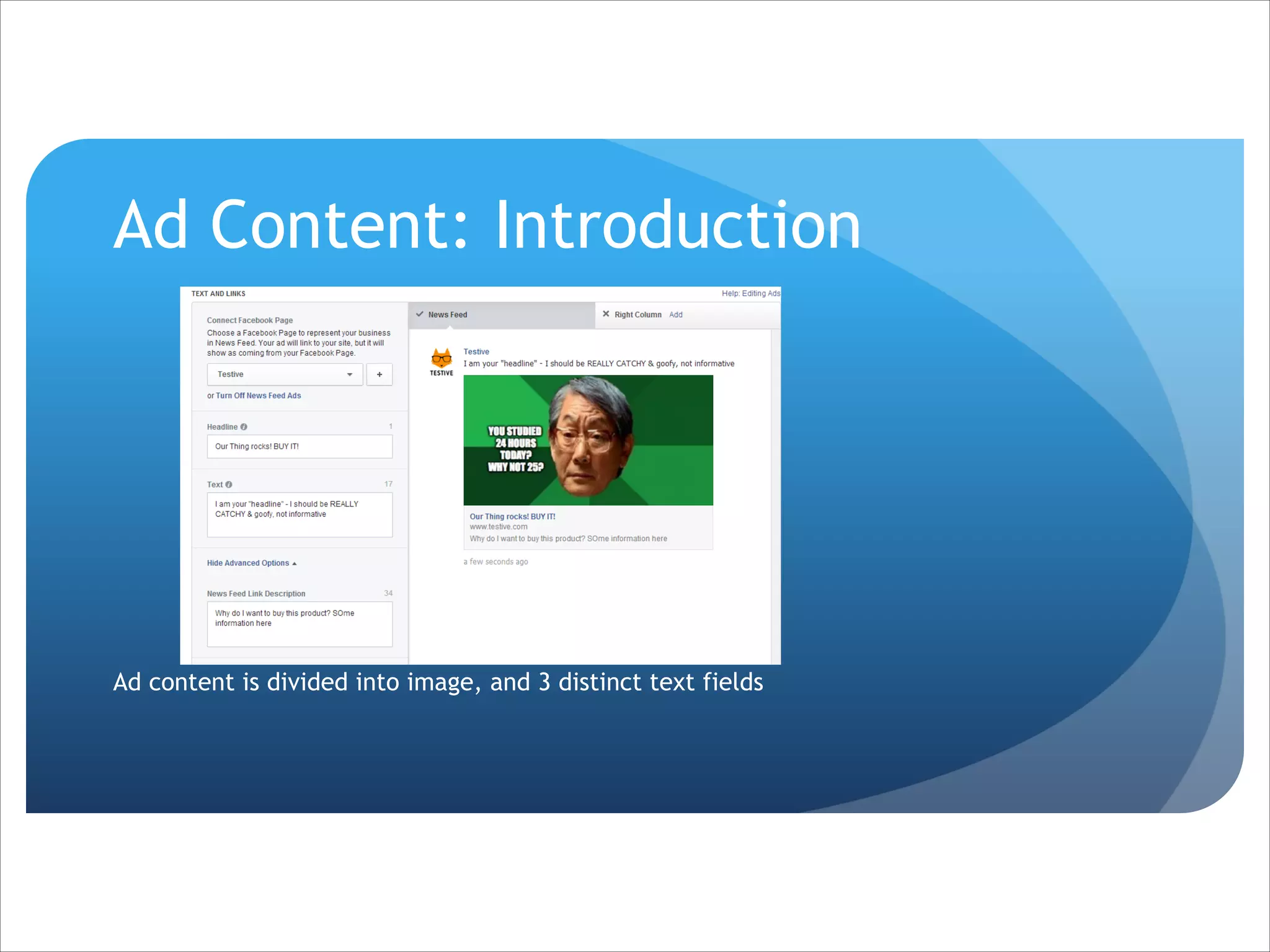 Ad Content: Introduction
!
!
!
!
!
!
!
Ad content is divided into image, and 3 distinct text fields

 