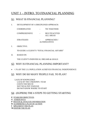 UNIT 1 – INTRO. TO FINANCIAL PLANNING
S1: WHAT IS FINANCIAL PLANNING?
I. DEVELOPMENT OF A DISCIPLINED APPROACH:
COORDINATED - TIE TOGETHER
COMPREHENSIVE - MULTIFACETED
ALL AREAS
STRATEGIES - APPROACHES /
ALTERNATIVES
I. OBJECTIVE:
TO GUIDE A CLIENT’S “TOTAL FINANCIAL AFFAIRS”
II. BASED ON:
THE CLIENT’S INDIVIDUAL DREAMS & GOALS
S2: WHY IS FINANCIAL PLANNING IMPORTANT?
• < 5% OF THE U.S. POPULATION ACHIEVES FINANCIAL INDEPENDENCE
S3: WHY DO SO MANY PEOPLE FAIL TO PLAN?
LACK OF KNOWLEDGE
LACK OF THE UNKNOWN / FEAR
COSTS TOO MUCH
NOT WEALTHY ENOUGH
DO NOT KNOW WHERE TO START
S4: (EGPRIM) THE 6 STEPS TO GETTING STARTING
E STABLISH OBJECTIVES
G ATHER DATA
P ROCESS & ANALYZE INFORMATION
R ECOMMEND A PLAN OF ACTION
I MPLEMENT THE PLAN
M ONITOR THE PLAN
 
