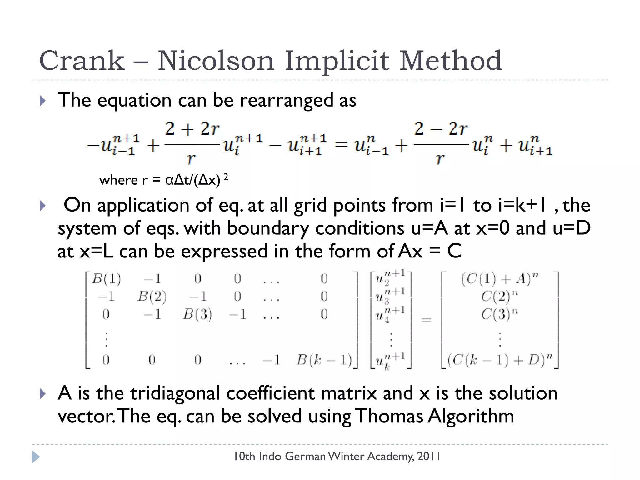 Crank – Nicolson Implicit Method
 The equation can be rearranged as
where r = αΔt/(Δx) 2
 On application of eq. at all grid points from i=1 to i=k+1 , the
system of eqs. with boundary conditions u=A at x=0 and u=D
at x=L can be expressed in the form of Ax = C
 A is the tridiagonal coefficient matrix and x is the solution
vector.The eq. can be solved using Thomas Algorithm
10th Indo German Winter Academy, 2011
 