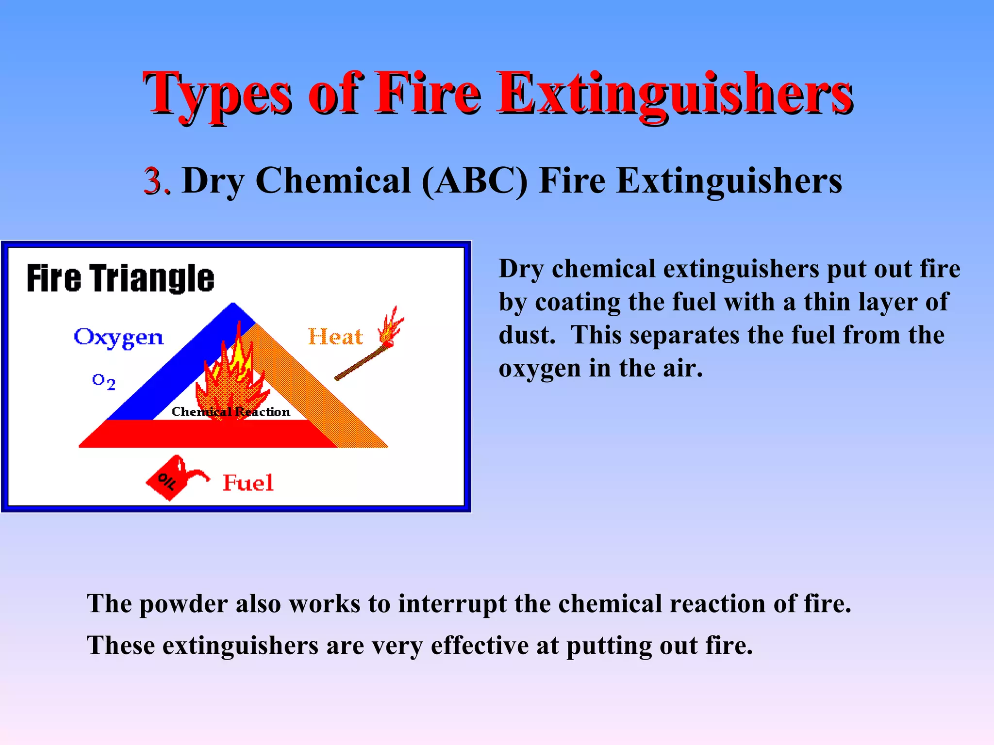 Types of Fire Extinguishers
    3. Dry Chemical (ABC) Fire Extinguishers

                                    Dry chemical extinguishers put out fire
                                    by coating the fuel with a thin layer of
                                    dust. This separates the fuel from the
                                    oxygen in the air.




The powder also works to interrupt the chemical reaction of fire.
These extinguishers are very effective at putting out fire.
 