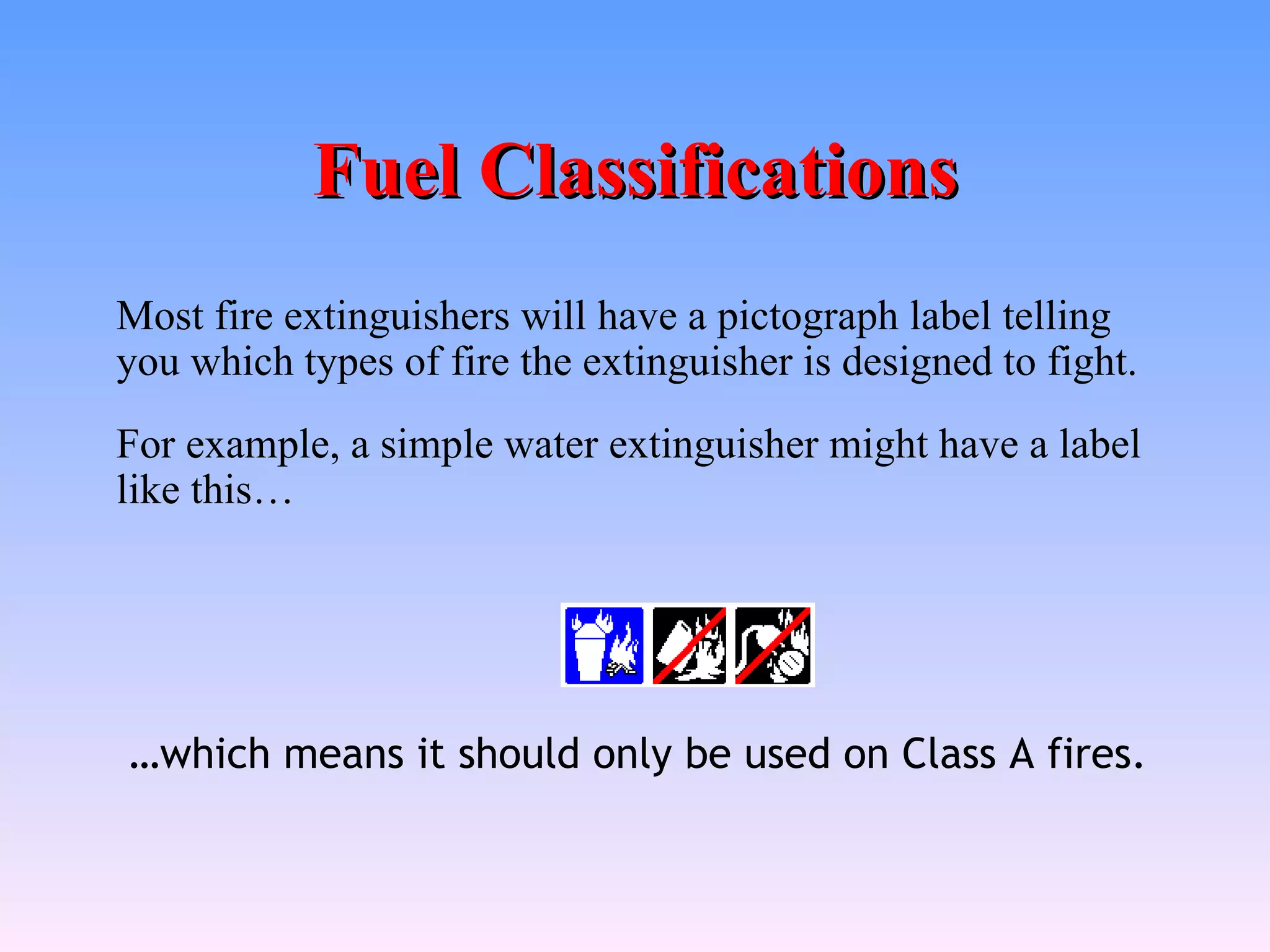 Fuel Classifications
Most fire extinguishers will have a pictograph label telling
you which types of fire the extinguisher is designed to fight.
For example, a simple water extinguisher might have a label
like this…




…which means it should only be used on Class A fires.
 