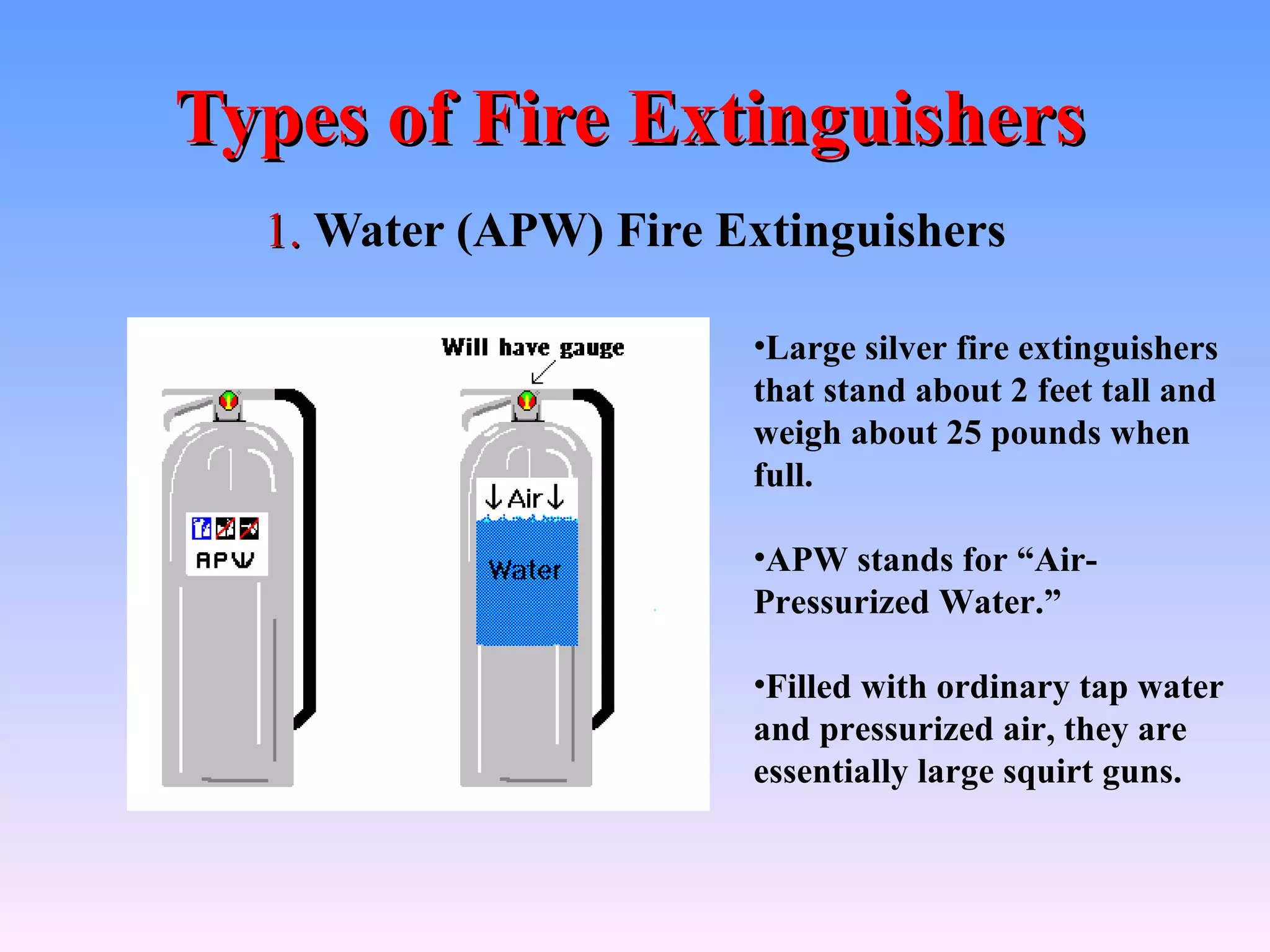 Types of Fire Extinguishers
  1. Water (APW) Fire Extinguishers

                       •Large silver fire extinguishers
                       that stand about 2 feet tall and
                       weigh about 25 pounds when
                       full.

                       •APW stands for “Air-
                       Pressurized Water.”

                       •Filled with ordinary tap water
                       and pressurized air, they are
                       essentially large squirt guns.
 
