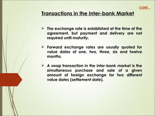 Transactions in the Inter-bank Market
 The exchange rate is established at the time of the
agreement, but payment and del...