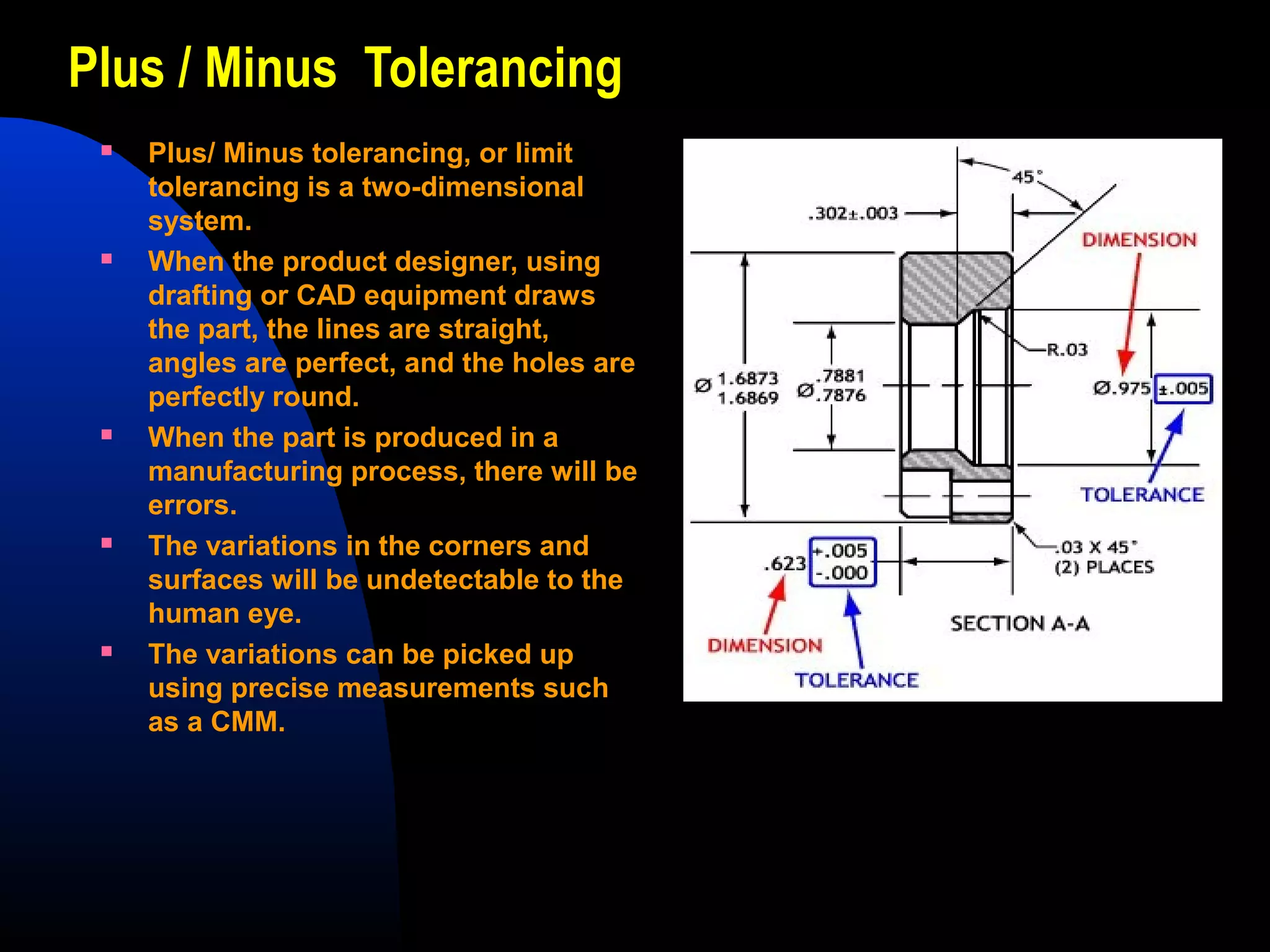 Plus / Minus Tolerancing
 Plus/ Minus tolerancing, or limit
tolerancing is a two-dimensional
system.
 When the product designer, using
drafting or CAD equipment draws
the part, the lines are straight,
angles are perfect, and the holes are
perfectly round.
 When the part is produced in a
manufacturing process, there will be
errors.
 The variations in the corners and
surfaces will be undetectable to the
human eye.
 The variations can be picked up
using precise measurements such
as a CMM.
 