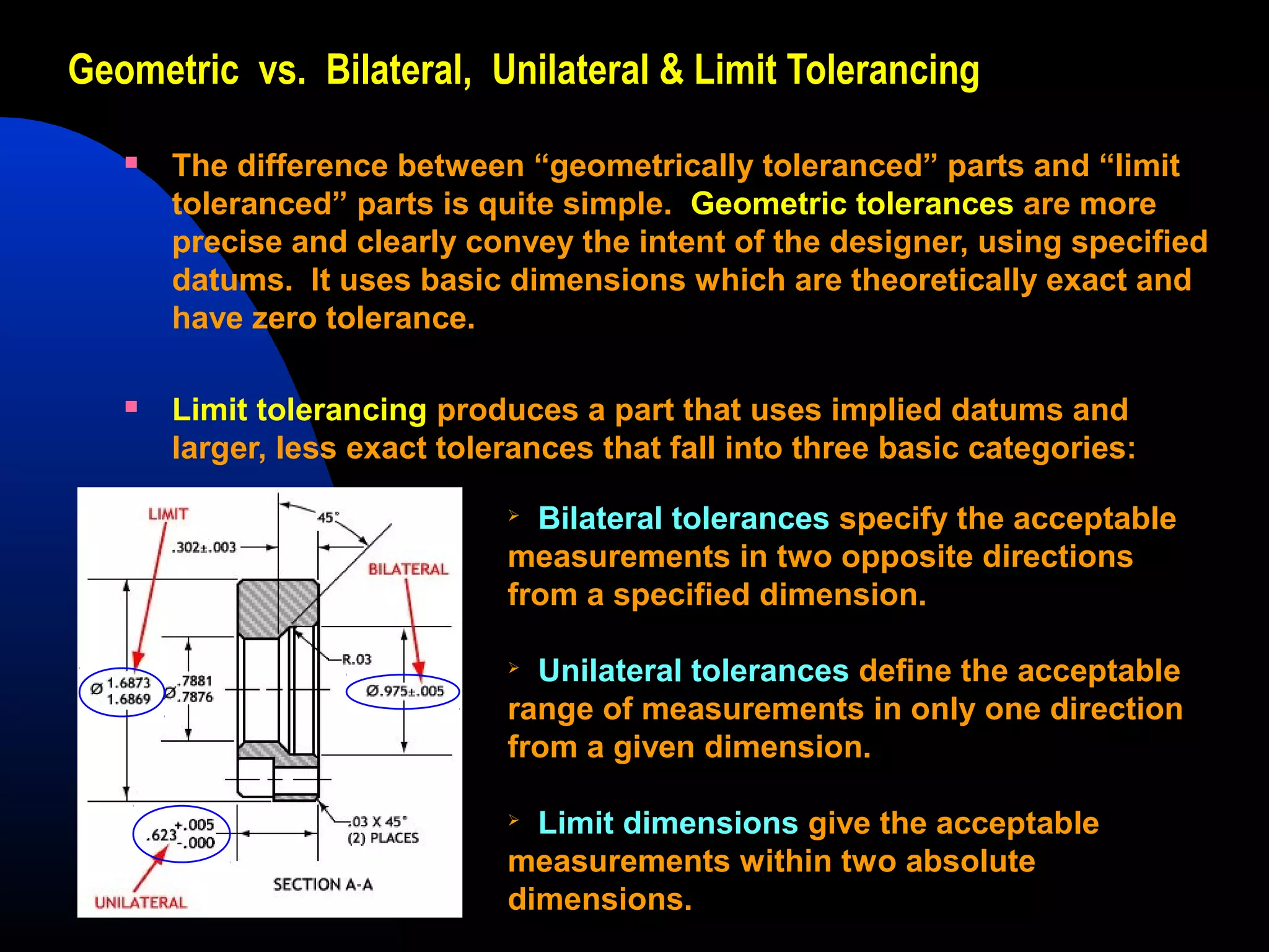Geometric vs. Bilateral, Unilateral & Limit Tolerancing
 The difference between “geometrically toleranced” parts and “limit
toleranced” parts is quite simple. Geometric tolerances are more
precise and clearly convey the intent of the designer, using specified
datums. It uses basic dimensions which are theoretically exact and
have zero tolerance.
 Limit tolerancing produces a part that uses implied datums and
larger, less exact tolerances that fall into three basic categories:

Bilateral tolerances specify the acceptable
measurements in two opposite directions
from a specified dimension.

Unilateral tolerances define the acceptable
range of measurements in only one direction
from a given dimension.

Limit dimensions give the acceptable
measurements within two absolute
dimensions.
 
