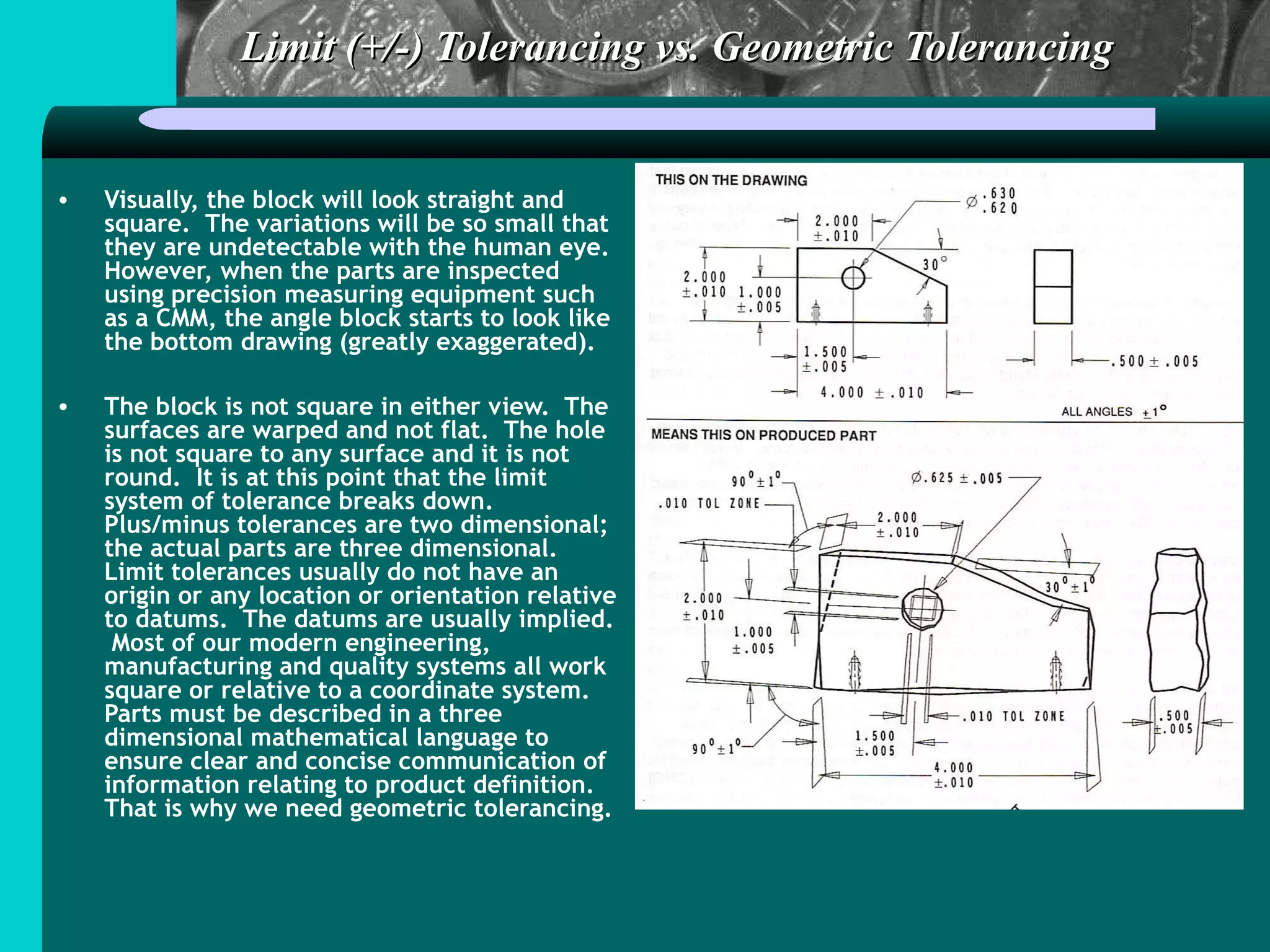 Limit (+/-) Tolerancing vs. Geometric TolerancingLimit (+/-) Tolerancing vs. Geometric Tolerancing
• Visually, the block will look straight and
square. The variations will be so small that
they are undetectable with the human eye.
However, when the parts are inspected
using precision measuring equipment such
as a CMM, the angle block starts to look like
the bottom drawing (greatly exaggerated).
• The block is not square in either view. The
surfaces are warped and not flat. The hole
is not square to any surface and it is not
round. It is at this point that the limit
system of tolerance breaks down.
Plus/minus tolerances are two dimensional;
the actual parts are three dimensional.
Limit tolerances usually do not have an
origin or any location or orientation relative
to datums. The datums are usually implied.
Most of our modern engineering,
manufacturing and quality systems all work
square or relative to a coordinate system.
Parts must be described in a three
dimensional mathematical language to
ensure clear and concise communication of
information relating to product definition.
That is why we need geometric tolerancing.
 