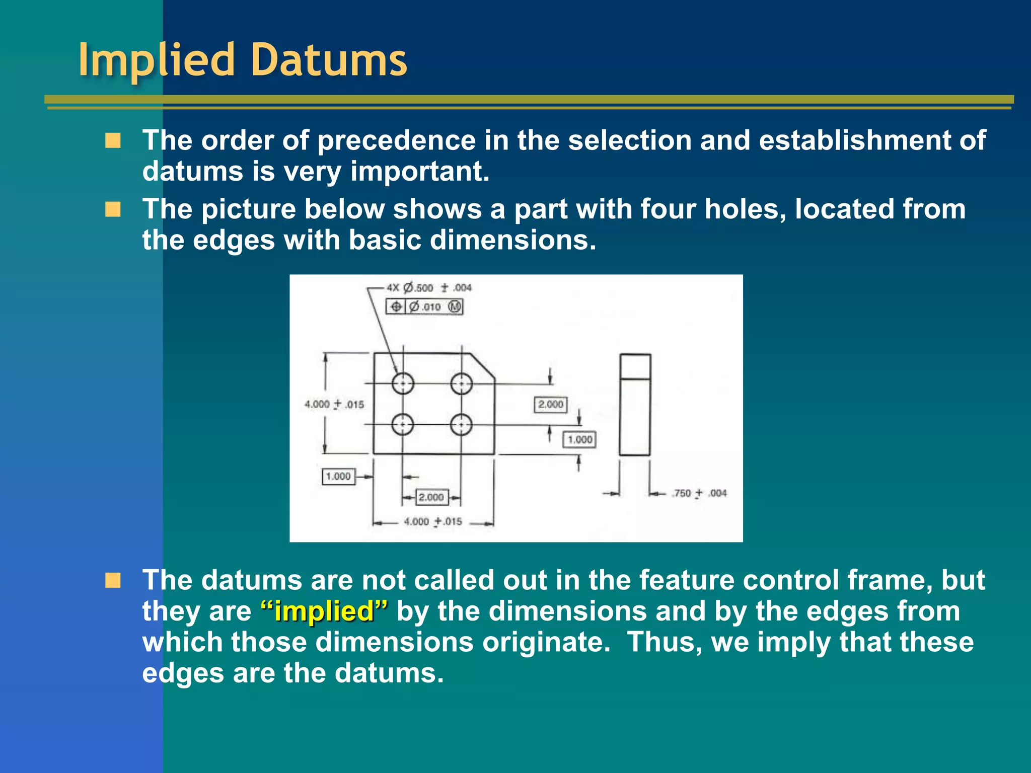 Implied Datums
 The order of precedence in the selection and establishment of
datums is very important.
 The picture below shows a part with four holes, located from
the edges with basic dimensions.
 The datums are not called out in the feature control frame, but
they are “implied” by the dimensions and by the edges from
which those dimensions originate. Thus, we imply that these
edges are the datums.
 