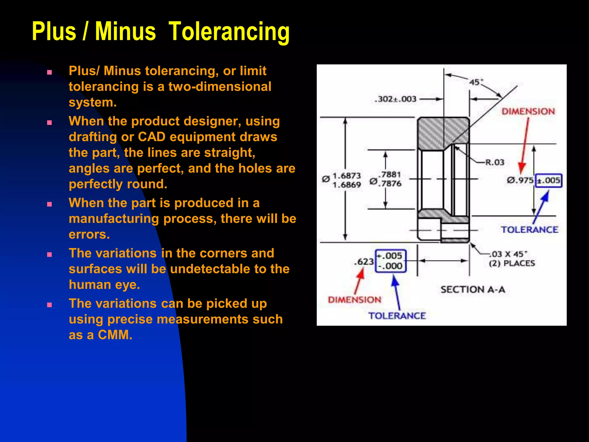 Plus / Minus Tolerancing
 Plus/ Minus tolerancing, or limit
tolerancing is a two-dimensional
system.
 When the product designer, using
drafting or CAD equipment draws
the part, the lines are straight,
angles are perfect, and the holes are
perfectly round.
 When the part is produced in a
manufacturing process, there will be
errors.
 The variations in the corners and
surfaces will be undetectable to the
human eye.
 The variations can be picked up
using precise measurements such
as a CMM.
 