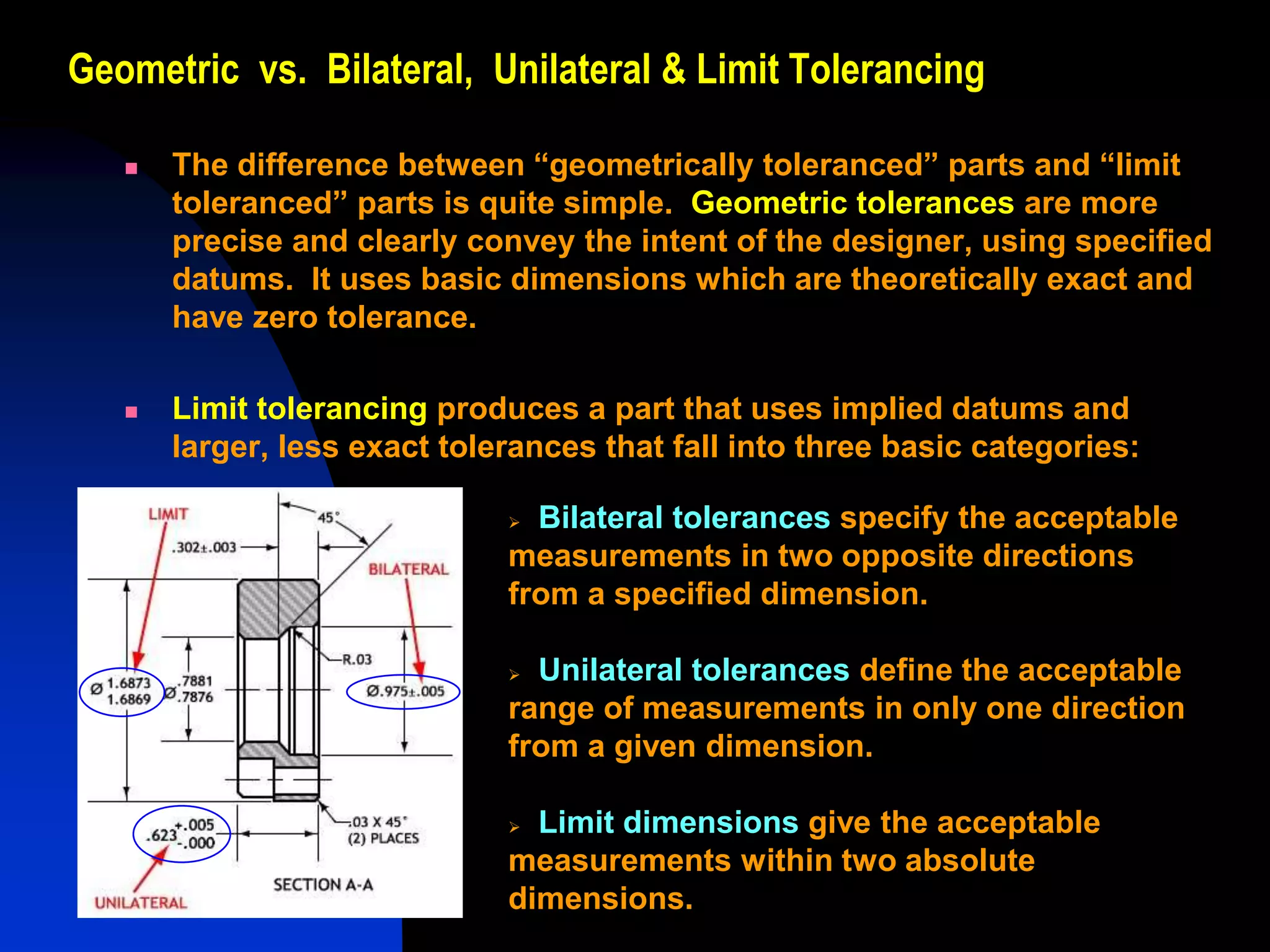 Geometric vs. Bilateral, Unilateral & Limit Tolerancing
 The difference between “geometrically toleranced” parts and “limit
toleranced” parts is quite simple. Geometric tolerances are more
precise and clearly convey the intent of the designer, using specified
datums. It uses basic dimensions which are theoretically exact and
have zero tolerance.
 Limit tolerancing produces a part that uses implied datums and
larger, less exact tolerances that fall into three basic categories:
 Bilateral tolerances specify the acceptable
measurements in two opposite directions
from a specified dimension.
 Unilateral tolerances define the acceptable
range of measurements in only one direction
from a given dimension.
 Limit dimensions give the acceptable
measurements within two absolute
dimensions.
 