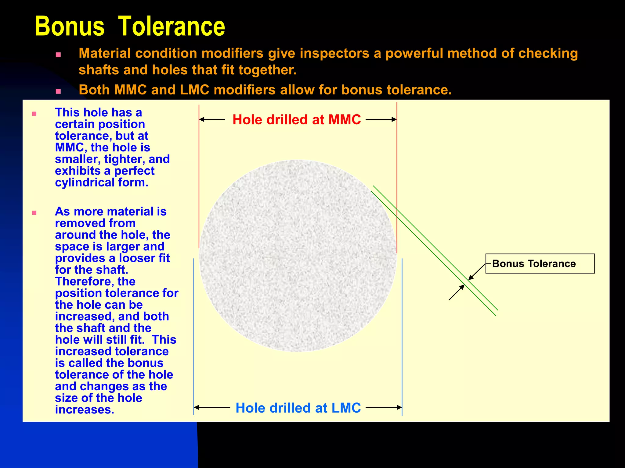 Bonus Tolerance
Hole drilled at MMC
Hole drilled at LMC
Bonus Tolerance
 This hole has a
certain position
tolerance, but at
MMC, the hole is
smaller, tighter, and
exhibits a perfect
cylindrical form.
 As more material is
removed from
around the hole, the
space is larger and
provides a looser fit
for the shaft.
Therefore, the
position tolerance for
the hole can be
increased, and both
the shaft and the
hole will still fit. This
increased tolerance
is called the bonus
tolerance of the hole
and changes as the
size of the hole
increases.
 Material condition modifiers give inspectors a powerful method of checking
shafts and holes that fit together.
 Both MMC and LMC modifiers allow for bonus tolerance.
 