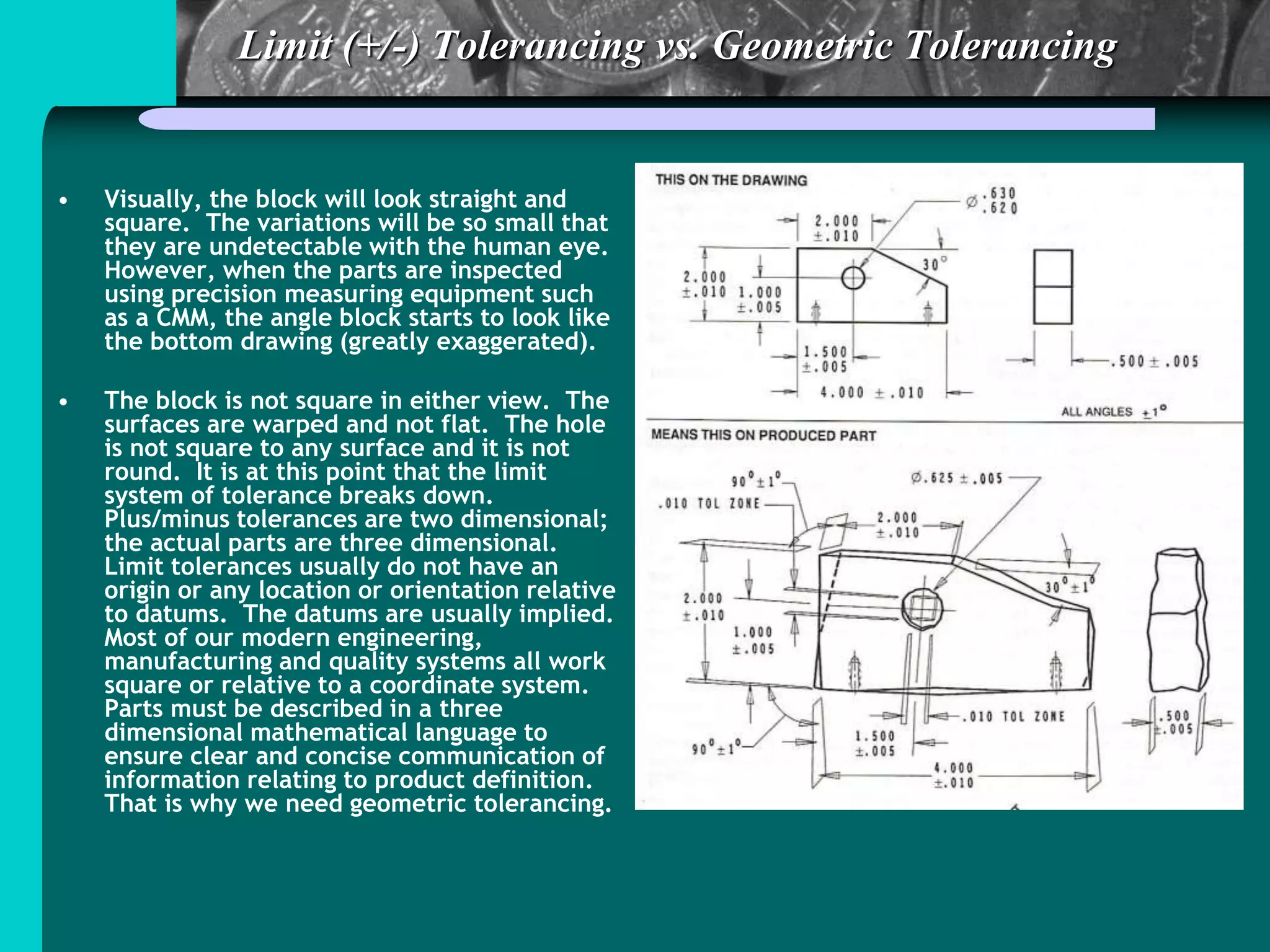 Limit (+/-) Tolerancing vs. Geometric Tolerancing
• Visually, the block will look straight and
square. The variations will be so small that
they are undetectable with the human eye.
However, when the parts are inspected
using precision measuring equipment such
as a CMM, the angle block starts to look like
the bottom drawing (greatly exaggerated).
• The block is not square in either view. The
surfaces are warped and not flat. The hole
is not square to any surface and it is not
round. It is at this point that the limit
system of tolerance breaks down.
Plus/minus tolerances are two dimensional;
the actual parts are three dimensional.
Limit tolerances usually do not have an
origin or any location or orientation relative
to datums. The datums are usually implied.
Most of our modern engineering,
manufacturing and quality systems all work
square or relative to a coordinate system.
Parts must be described in a three
dimensional mathematical language to
ensure clear and concise communication of
information relating to product definition.
That is why we need geometric tolerancing.
 