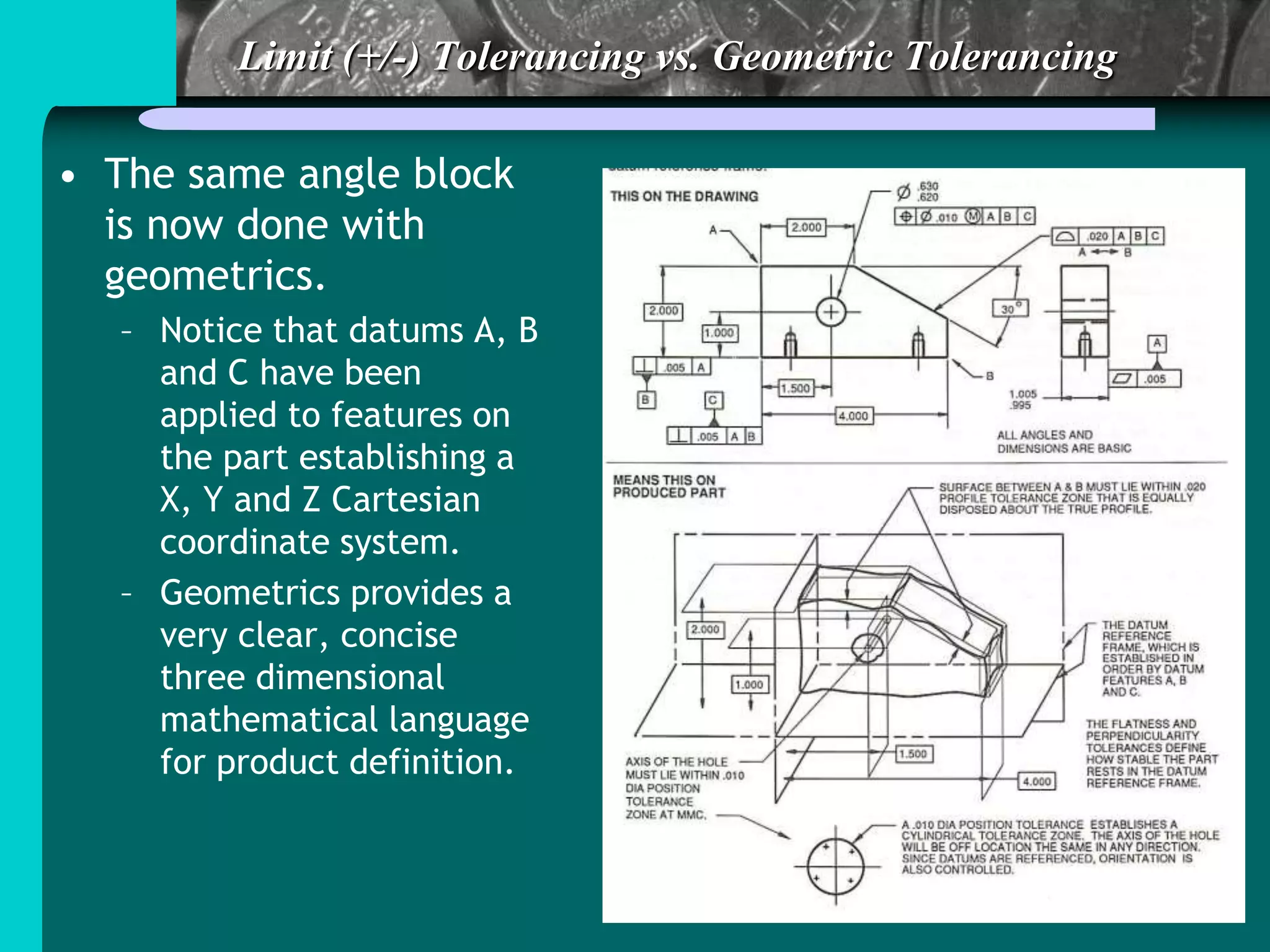 Limit (+/-) Tolerancing vs. Geometric Tolerancing
• The same angle block
is now done with
geometrics.
– Notice that datums A, B
and C have been
applied to features on
the part establishing a
X, Y and Z Cartesian
coordinate system.
– Geometrics provides a
very clear, concise
three dimensional
mathematical language
for product definition.
 