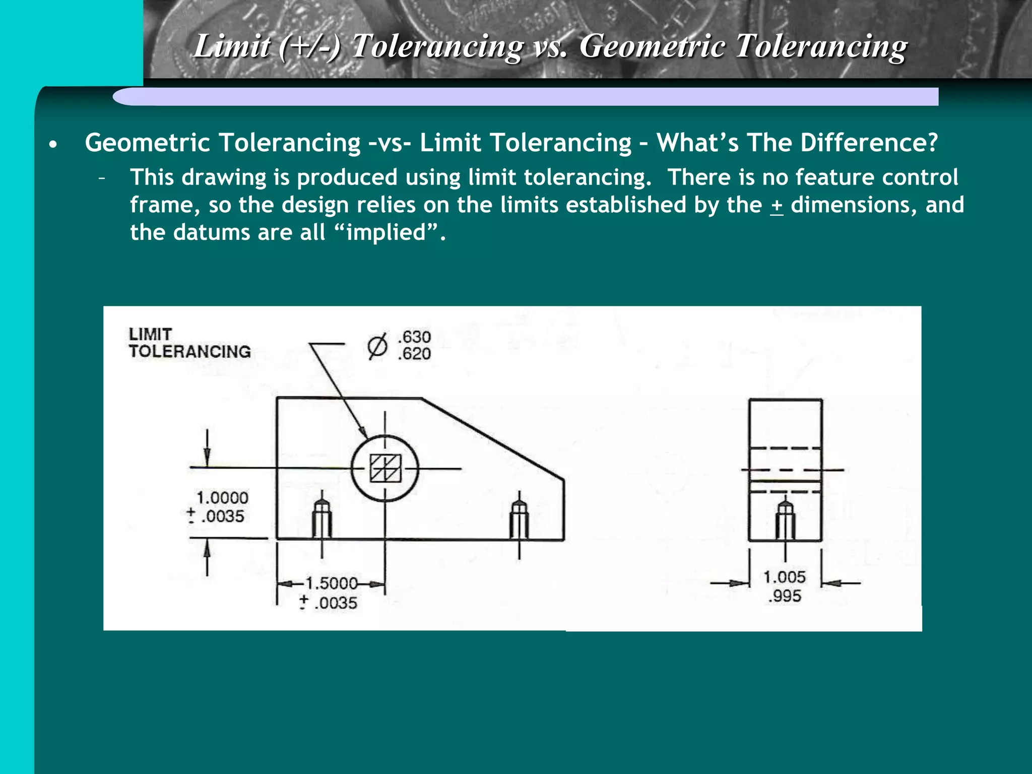 Limit (+/-) Tolerancing vs. Geometric Tolerancing
• Geometric Tolerancing –vs- Limit Tolerancing – What’s The Difference?
– This drawing is produced using limit tolerancing. There is no feature control
frame, so the design relies on the limits established by the + dimensions, and
the datums are all “implied”.
 