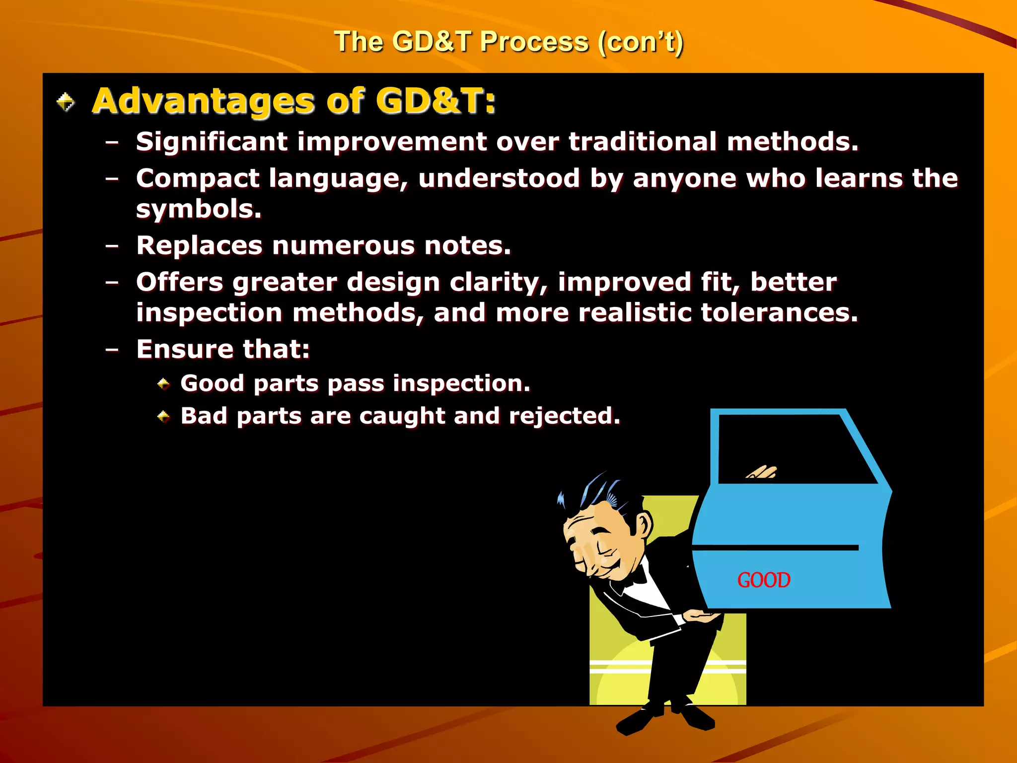 The GD&T Process (con’t)
Advantages of GD&T:
– Significant improvement over traditional methods.
– Compact language, understood by anyone who learns the
symbols.
– Replaces numerous notes.
– Offers greater design clarity, improved fit, better
inspection methods, and more realistic tolerances.
– Ensure that:
Good parts pass inspection.
Bad parts are caught and rejected.
GOOD
 