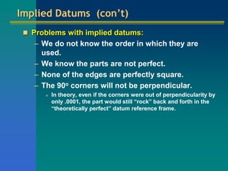 Implied Datums (con’t)
 Problems with implied datums:
– We do not know the order in which they are
used.
– We know the parts are not perfect.
– None of the edges are perfectly square.
– The 90o corners will not be perpendicular.
 In theory, even if the corners were out of perpendicularity by
only .0001, the part would still “rock” back and forth in the
“theoretically perfect” datum reference frame.
 