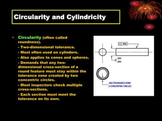 Circularity and Cylindricity
• Circularity (often called
roundness).
- Two-dimensional tolerance.
- Most often used on cylinders.
- Also applies to cones and spheres.
- Demands that any two-
dimensional cross-section of a
round feature must stay within the
tolerance zone created by two
concentric circles.
- Most inspectors check multiple
cross-sections.
- Each section must meet the
tolerance on its own.
 