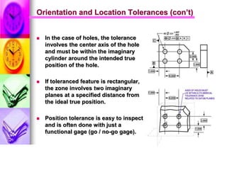 Orientation and Location Tolerances (con’t)
 In the case of holes, the tolerance
involves the center axis of the hole
and must be within the imaginary
cylinder around the intended true
position of the hole.
 If toleranced feature is rectangular,
the zone involves two imaginary
planes at a specified distance from
the ideal true position.
 Position tolerance is easy to inspect
and is often done with just a
functional gage (go / no-go gage).
 