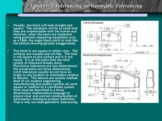 Limit (+/-) Tolerancing vs. Geometric Tolerancing
• Visually, the block will look straight and
square. The variations will be so small that
they are undetectable with the human eye.
However, when the parts are inspected
using precision measuring equipment such
as a CMM, the angle block starts to look like
the bottom drawing (greatly exaggerated).
• The block is not square in either view. The
surfaces are warped and not flat. The hole
is not square to any surface and it is not
round. It is at this point that the limit
system of tolerance breaks down.
Plus/minus tolerances are two dimensional;
the actual parts are three dimensional.
Limit tolerances usually do not have an
origin or any location or orientation relative
to datums. The datums are usually implied.
Most of our modern engineering,
manufacturing and quality systems all work
square or relative to a coordinate system.
Parts must be described in a three
dimensional mathematical language to
ensure clear and concise communication of
information relating to product definition.
That is why we need geometric tolerancing.
 