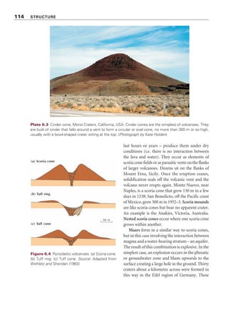 last hours or years – produce them under dry
conditions (i.e. there is no interaction between
the lava and water). They occur as elements of
scoria cone fields or as parasitic vents on the flanks
of larger volcanoes. Dozens sit on the flanks of
Mount Etna, Sicily. Once the eruption ceases,
solidification seals off the volcanic vent and the
volcano never erupts again. Monte Nuovo, near
Naples, is a scoria cone that grew 130 m in a few
days in 1538; San Benedicto, off the Pacific coast
of Mexico, grew 300 m in 1952–3. Scoria mounds
are like scoria cones but bear no apparent crater.
An example is the Anakies, Victoria, Australia.
Nested scoria cones occur where one scoria cone
grows within another.
Maars form in a similar way to scoria cones,
but in this case involving the interaction between
magma and a water-bearing stratum – an aquifer.
The result of this combination is explosive. In the
simplest case, an explosion occurs in the phreatic
or groundwater zone and blasts upwards to the
surface creating a large hole in the ground. Thirty
craters about a kilometre across were formed in
this way in the Eifel region of Germany. These
Plate 6.3 Cinder cone, Mono Craters, California, USA. Cinder cones are the simplest of volcanoes. They
are built of cinder that falls around a vent to form a circular or oval cone, no more than 300 m or so high,
usually with a bowl-shaped crater sitting at the top. (Photograph by Kate Holden)
Figure 6.4 Pyroclastic volcanoes. (a) Scoria cone.
(b) Tuff ring. (c) Tuff cone. Source: Adapted from
Wohletz and Sheridan (1983)
114 STRUCTURE
 