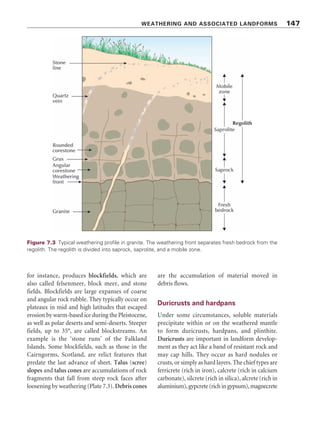 Figure 7.3 Typical weathering profile in granite. The weathering front separates fresh bedrock from the
regolith. The regolith is divided into saprock, saprolite, and a mobile zone.
WEATHERING AND ASSOCIATED LANDFORMS 147
for instance, produces blockfields, which are
also called felsenmeer, block meer, and stone
fields. Blockfields are large expanses of coarse
and angular rock rubble. They typically occur on
plateaux in mid and high latitudes that escaped
erosion by warm-based ice during the Pleistocene,
as well as polar deserts and semi-deserts. Steeper
fields, up to 35°, are called blockstreams. An
example is the ‘stone runs’ of the Falkland
Islands. Some blockfields, such as those in the
Cairngorms, Scotland, are relict features that
predate the last advance of sheet. Talus (scree)
slopes and talus cones are accumulations of rock
fragments that fall from steep rock faces after
loosening by weathering (Plate 7.3). Debris cones
are the accumulation of material moved in
debris flows.
Duricrusts and hardpans
Under some circumstances, soluble materials
precipitate within or on the weathered mantle
to form duricrusts, hardpans, and plinthite.
Duricrusts are important in landform develop-
ment as they act like a band of resistant rock and
may cap hills. They occur as hard nodules or
crusts, or simply as hard layers. The chief types are
ferricrete (rich in iron), calcrete (rich in calcium
carbonate), silcrete (rich in silica), alcrete (rich in
aluminium),gypcrete(richingypsum),magnecrete
 