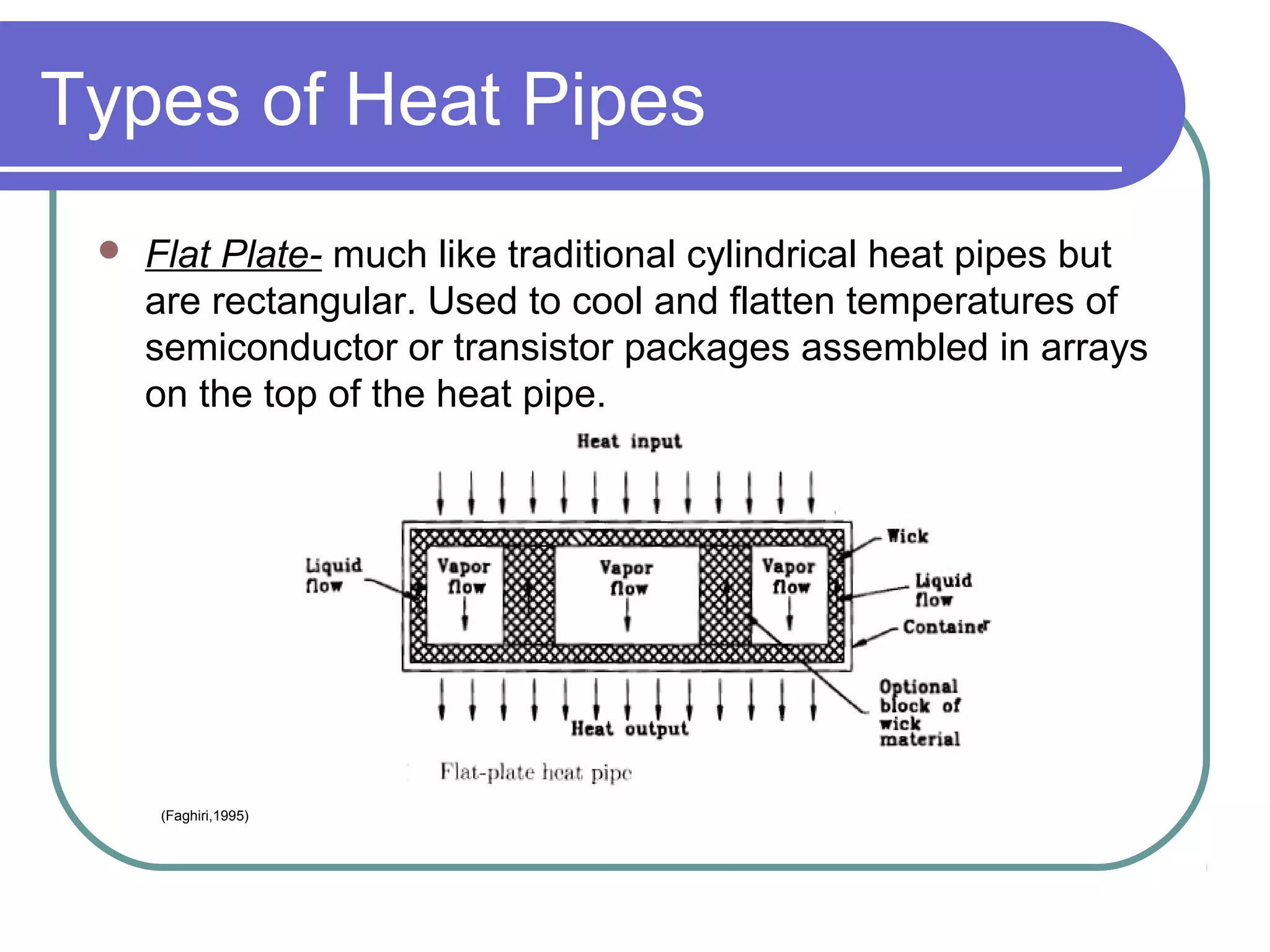 Types of Heat Pipes
 Flat Plate- much like traditional cylindrical heat pipes but
are rectangular. Used to cool and flatten temperatures of
semiconductor or transistor packages assembled in arrays
on the top of the heat pipe.
(Faghiri,1995)
 