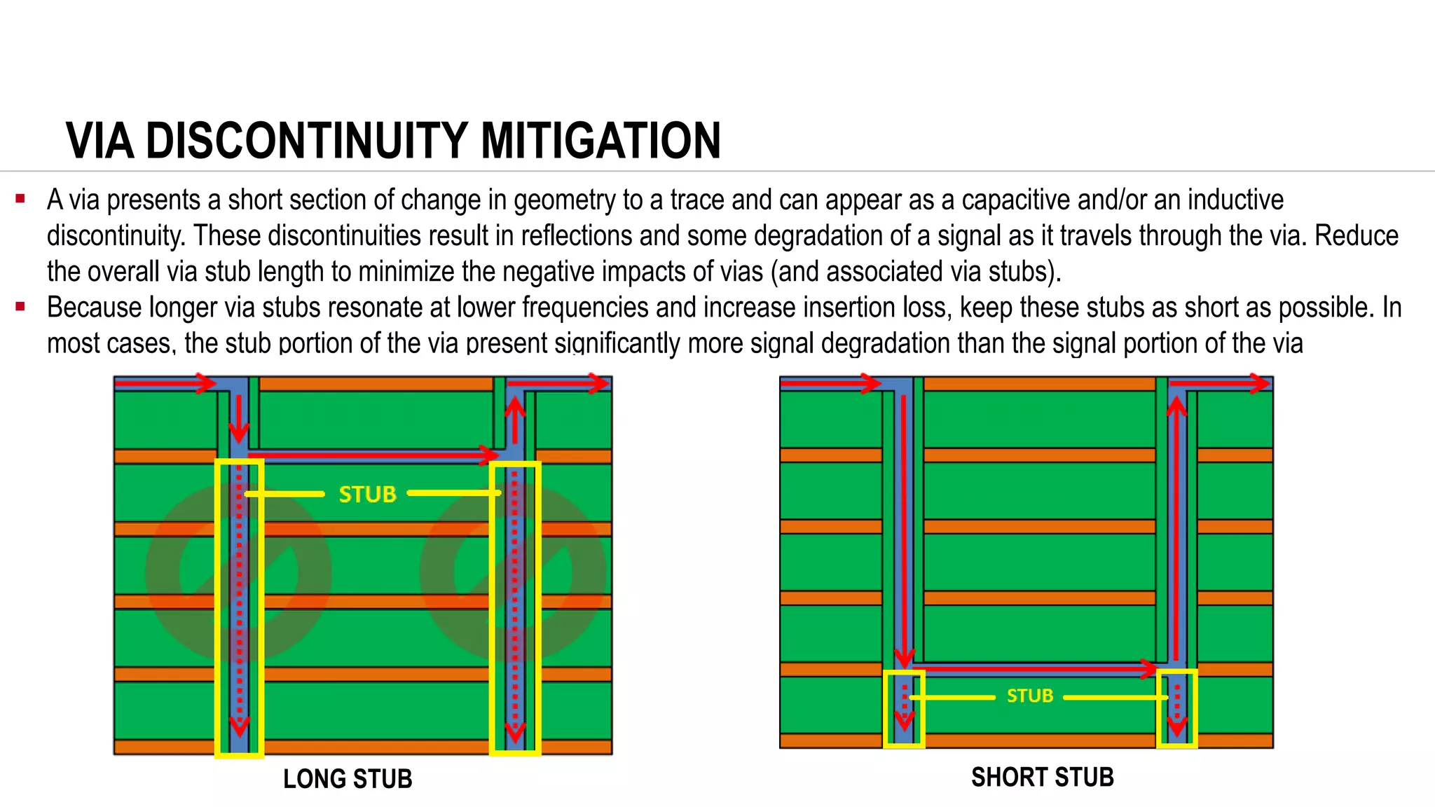 VIA DISCONTINUITY MITIGATION
▪ A via presents a short section of change in geometry to a trace and can appear as a capacitive and/or an inductive
discontinuity. These discontinuities result in reflections and some degradation of a signal as it travels through the via. Reduce
the overall via stub length to minimize the negative impacts of vias (and associated via stubs).
▪ Because longer via stubs resonate at lower frequencies and increase insertion loss, keep these stubs as short as possible. In
most cases, the stub portion of the via present significantly more signal degradation than the signal portion of the via
LONG STUB SHORT STUB
 