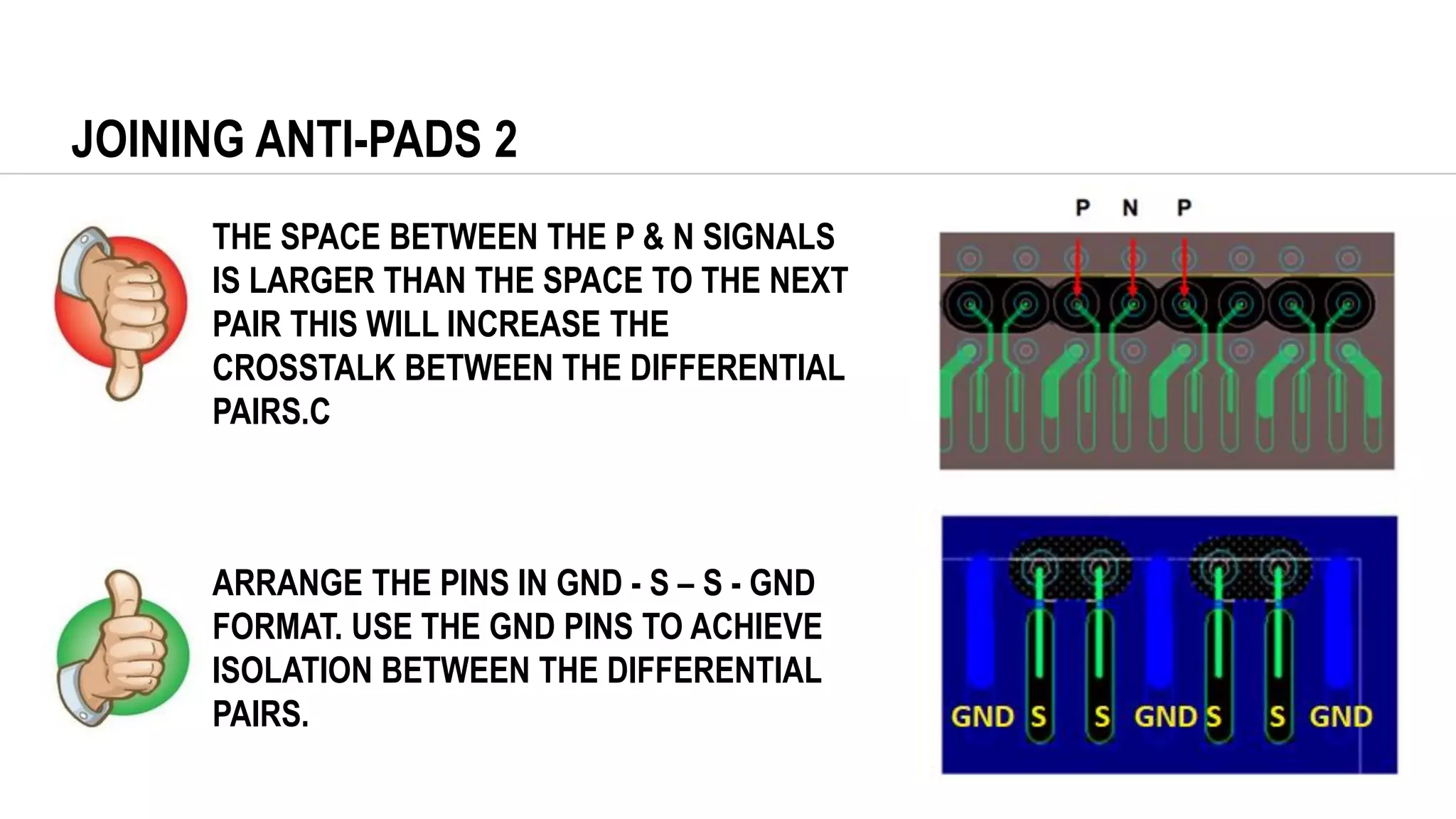 JOINING ANTI-PADS 2
THE SPACE BETWEEN THE P & N SIGNALS
IS LARGER THAN THE SPACE TO THE NEXT
PAIR THIS WILL INCREASE THE
CROSSTALK BETWEEN THE DIFFERENTIAL
PAIRS.C
ARRANGE THE PINS IN GND - S – S - GND
FORMAT. USE THE GND PINS TO ACHIEVE
ISOLATION BETWEEN THE DIFFERENTIAL
PAIRS.
 