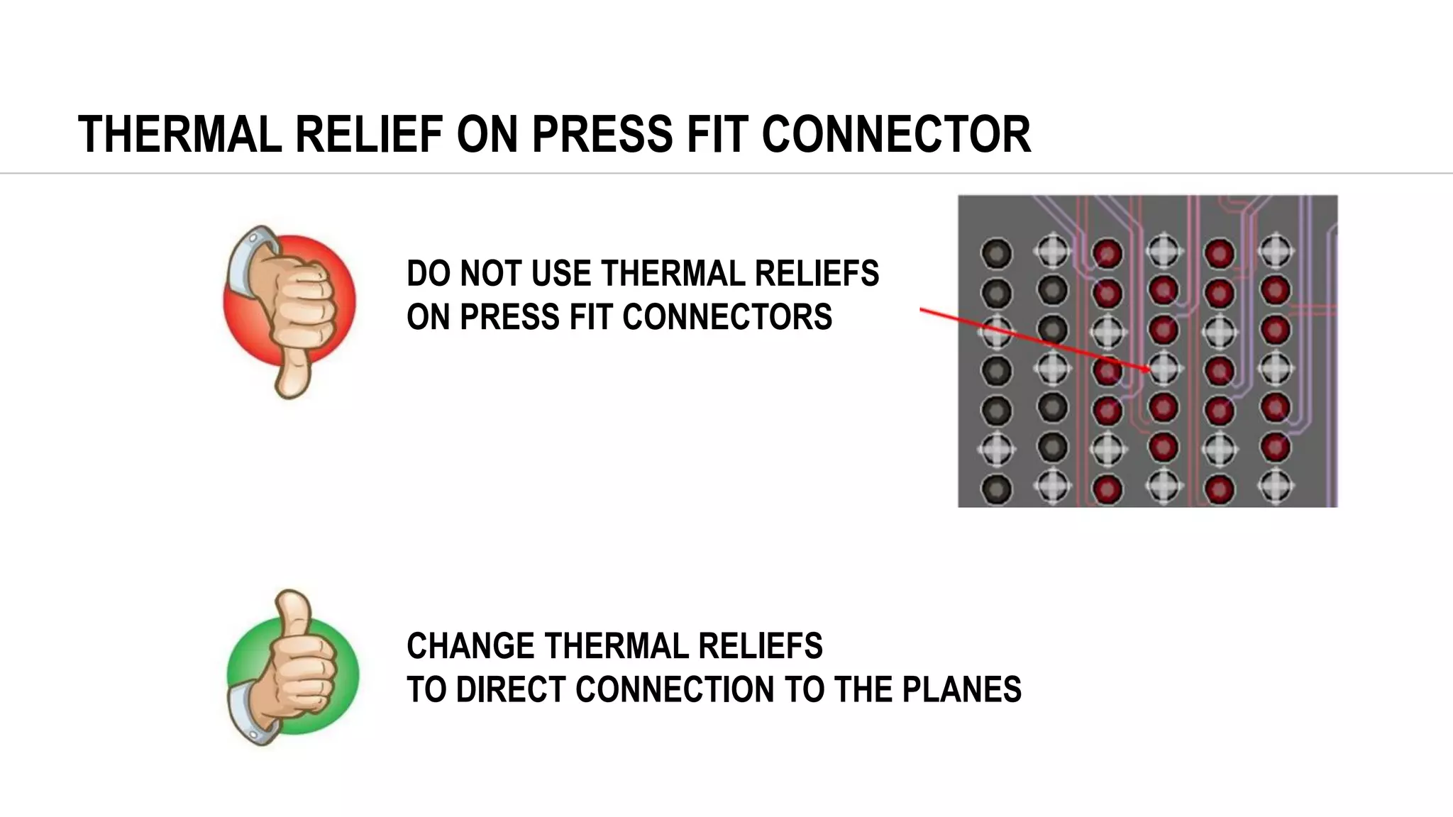 THERMAL RELIEF ON PRESS FIT CONNECTOR
DO NOT USE THERMAL RELIEFS
ON PRESS FIT CONNECTORS
CHANGE THERMAL RELIEFS
TO DIRECT CONNECTION TO THE PLANES
 
