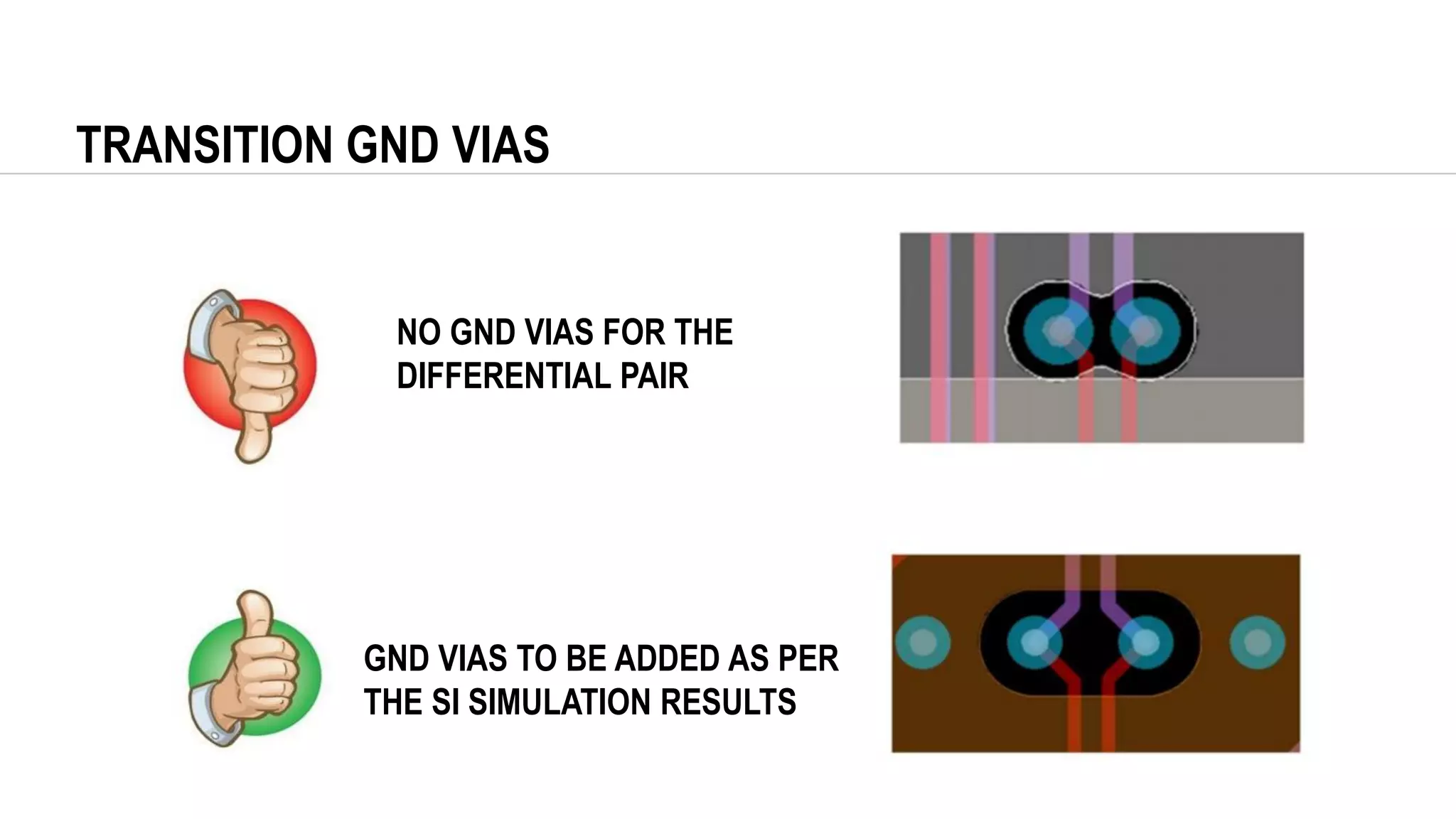 TRANSITION GND VIAS
NO GND VIAS FOR THE
DIFFERENTIAL PAIR
GND VIAS TO BE ADDED AS PER
THE SI SIMULATION RESULTS
 