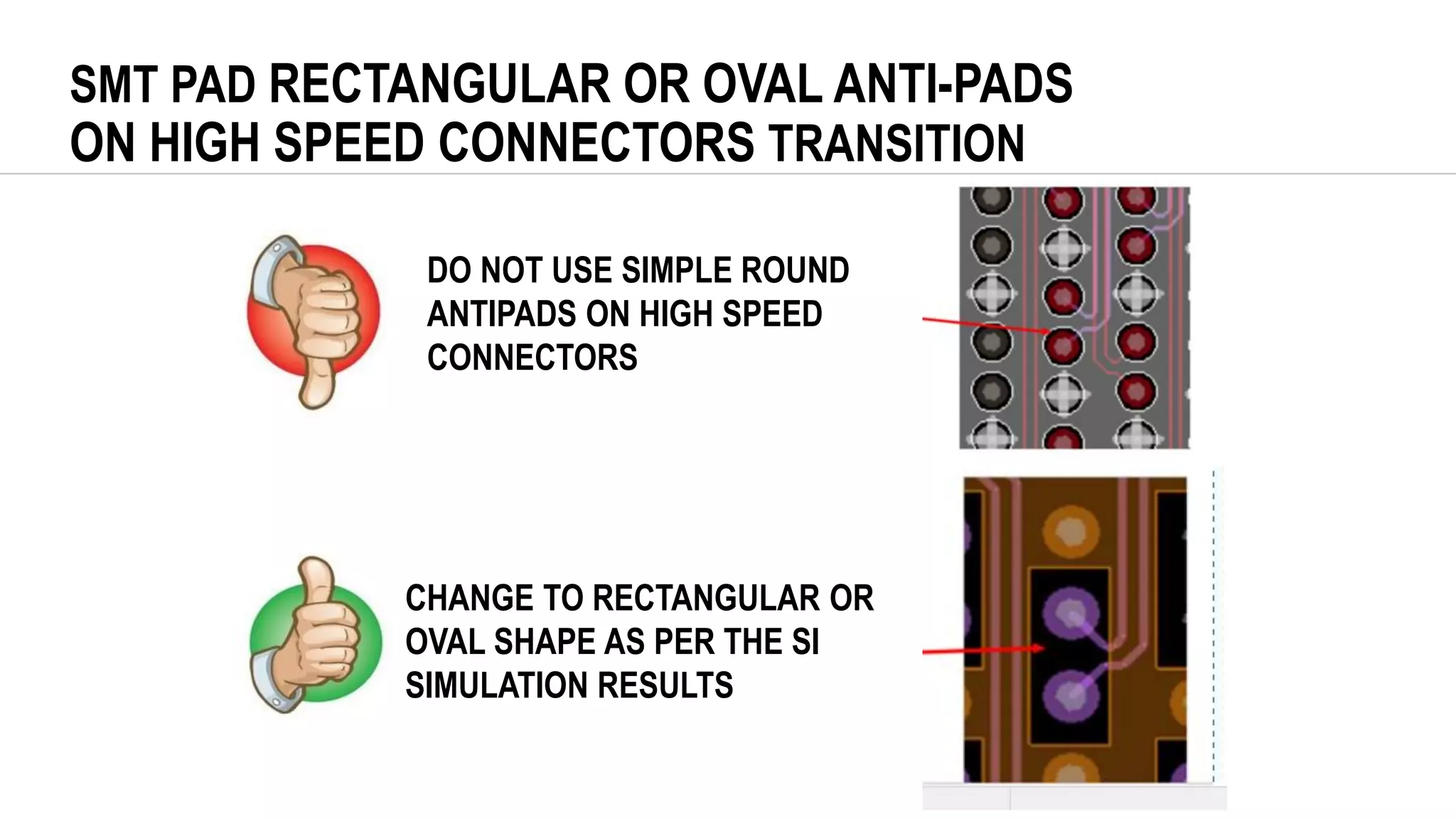 SMT PAD RECTANGULAR OR OVAL ANTI-PADS
ON HIGH SPEED CONNECTORS TRANSITION
DO NOT USE SIMPLE ROUND
ANTIPADS ON HIGH SPEED
CONNECTORS
CHANGE TO RECTANGULAR OR
OVAL SHAPE AS PER THE SI
SIMULATION RESULTS
 