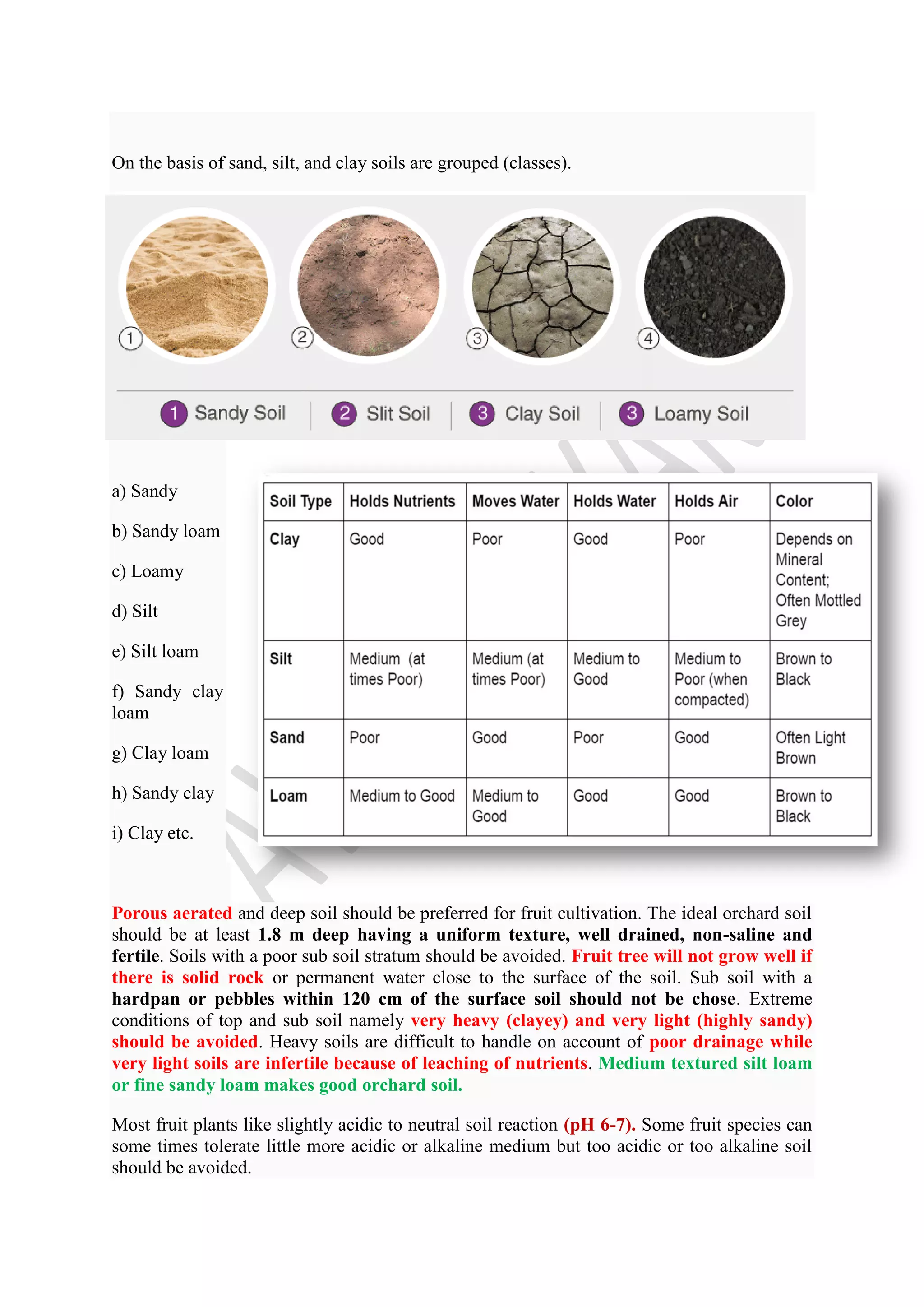 On the basis of sand, silt, and clay soils are grouped (classes).
a) Sandy
b) Sandy loam
c) Loamy
d) Silt
e) Silt loam
f) Sandy clay
loam
g) Clay loam
h) Sandy clay
i) Clay etc.
Porous aerated and deep soil should be preferred for fruit cultivation. The ideal orchard soil
should be at least 1.8 m deep having a uniform texture, well drained, non-saline and
fertile. Soils with a poor sub soil stratum should be avoided. Fruit tree will not grow well if
there is solid rock or permanent water close to the surface of the soil. Sub soil with a
hardpan or pebbles within 120 cm of the surface soil should not be chose. Extreme
conditions of top and sub soil namely very heavy (clayey) and very light (highly sandy)
should be avoided. Heavy soils are difficult to handle on account of poor drainage while
very light soils are infertile because of leaching of nutrients. Medium textured silt loam
or fine sandy loam makes good orchard soil.
Most fruit plants like slightly acidic to neutral soil reaction (pH 6-7). Some fruit species can
some times tolerate little more acidic or alkaline medium but too acidic or too alkaline soil
should be avoided.
 