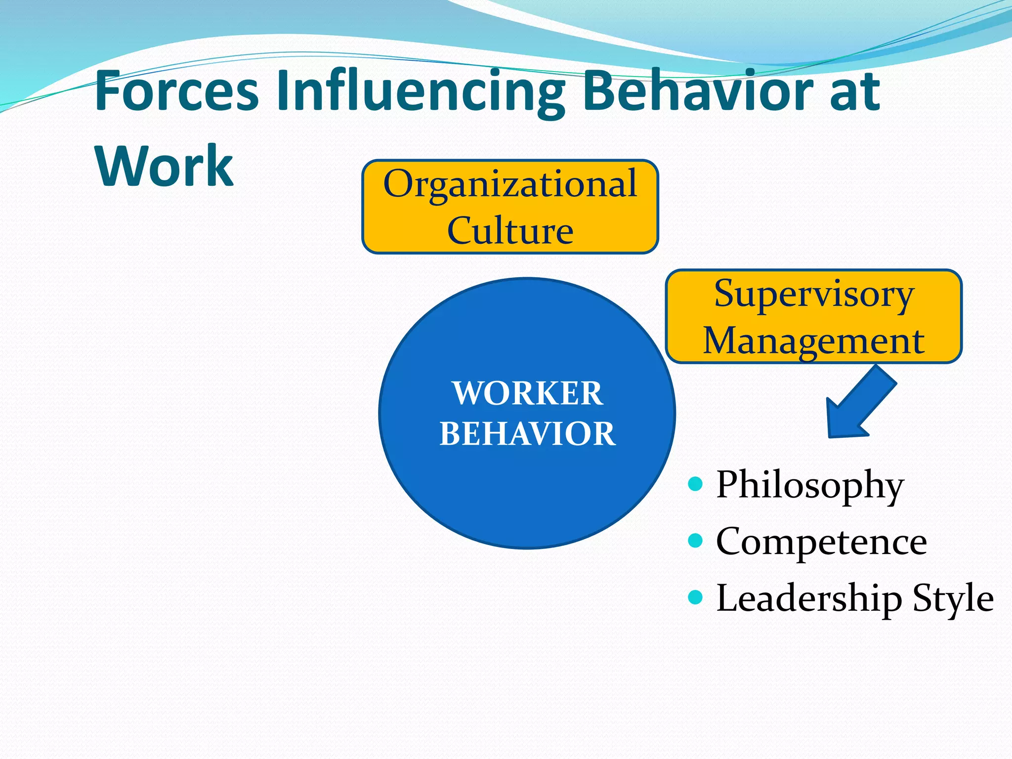 Forces Influencing Behavior at
Work
WORKER
BEHAVIOR
Organizational
Culture
Supervisory
Management
 Philosophy
 Competence
 Leadership Style
 