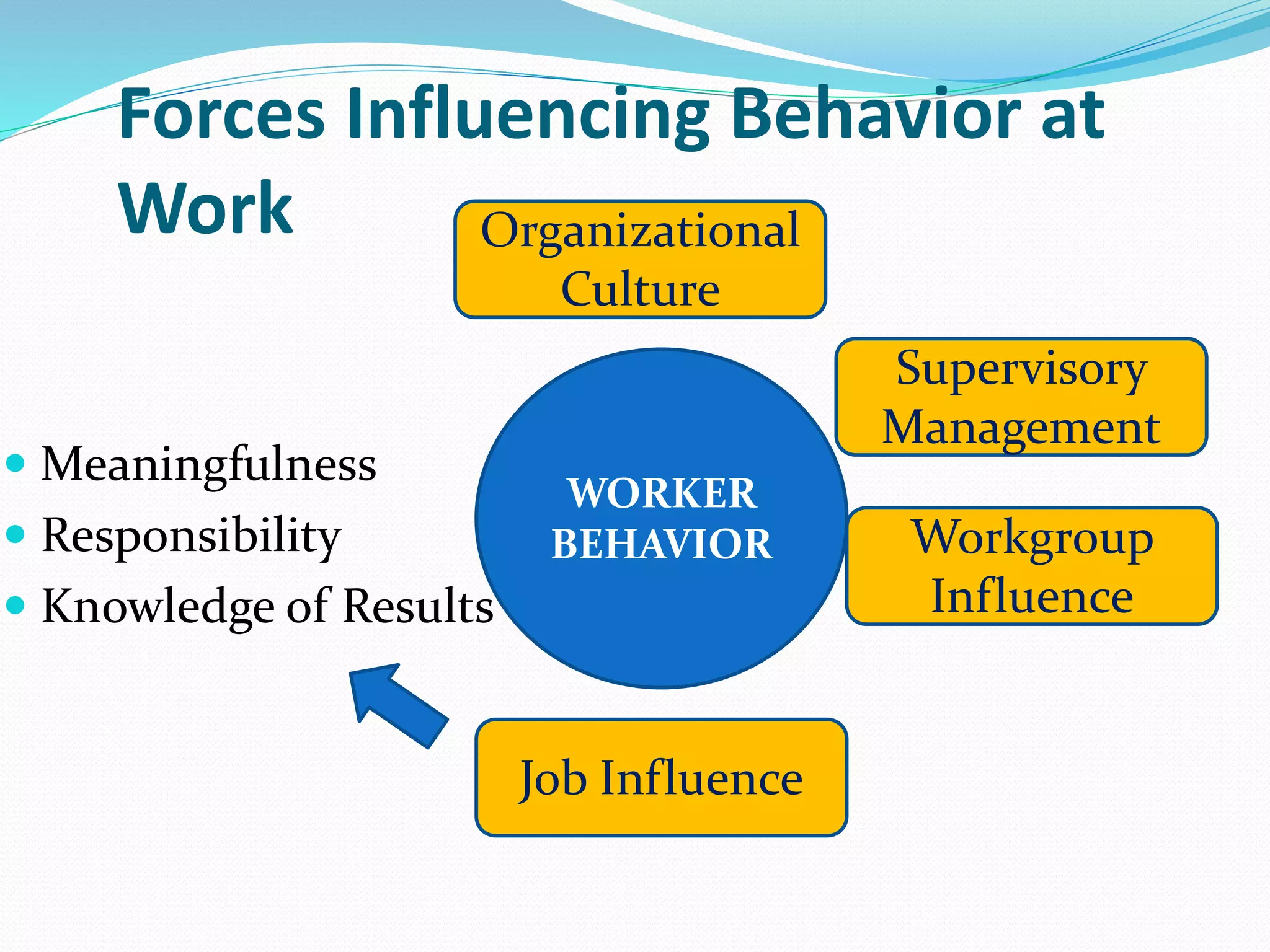 Forces Influencing Behavior at
Work
WORKER
BEHAVIOR
Organizational
Culture
Supervisory
Management
Workgroup
Influence
Job Influence
 Meaningfulness
 Responsibility
 Knowledge of Results
 