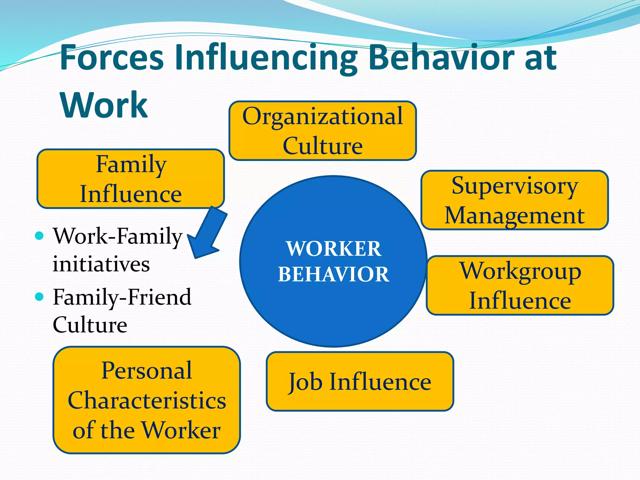 Forces Influencing Behavior at
Work
WORKER
BEHAVIOR
Organizational
Culture
Supervisory
Management
Workgroup
Influence
Job InfluencePersonal
Characteristics
of the Worker
Family
Influence
 Work-Family
initiatives
 Family-Friend
Culture
 