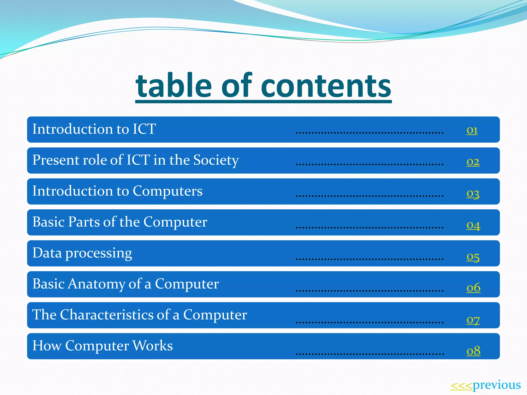 table of contents
Introduction to ICT

………………………………………..

01

Present role of ICT in the Society

………………………………………..

02

Introduction to Computers

………………………………………..

03

Basic Parts of the Computer

………………………………………..

04

Data processing

………………………………………..

05

Basic Anatomy of a Computer

………………………………………..

06

The Characteristics of a Computer

………………………………………..

07

How Computer Works

…………………………………….....

08
<<<previous

 