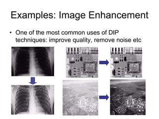 Examples: Image Enhancement
• One of the most common uses of DIP
techniques: improve quality, remove noise etc
 