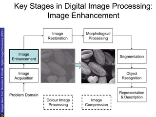 Key Stages in Digital Image Processing:
Image Enhancement
Image
Acquisition
Image
Restoration
Morphological
Processing
Segmentation
Representation
& Description
Image
Enhancement
Object
Recognition
Problem Domain
Colour Image
Processing
Image
Compression
Images
taken
from
Gonzalez
&
Woods,
Digital
Image
Processing
(2002)
 