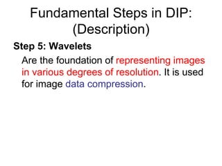Fundamental Steps in DIP:
(Description)
Step 5: Wavelets
Are the foundation of representing images
in various degrees of resolution. It is used
for image data compression.
 