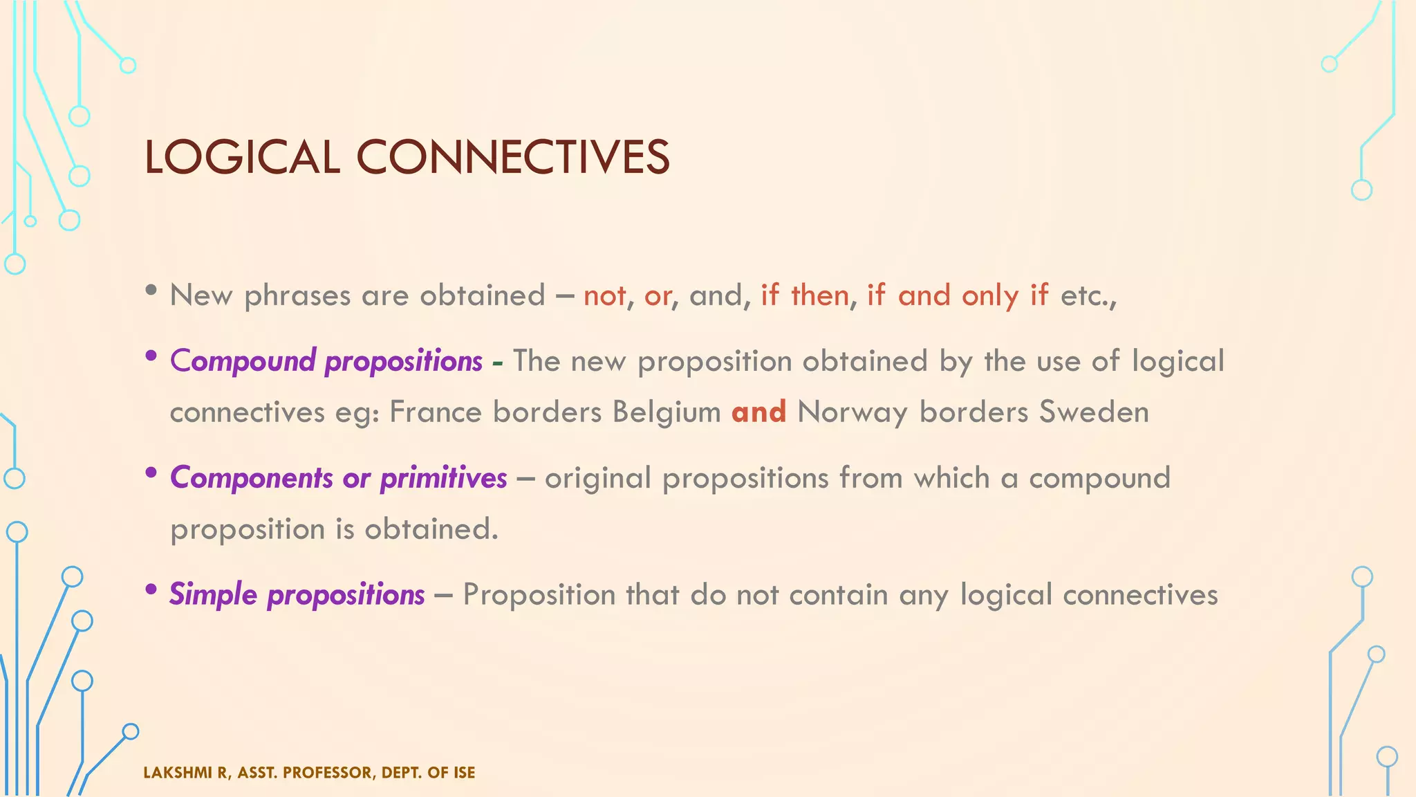LOGICAL CONNECTIVES
• New phrases are obtained – not, or, and, if then, if and only if etc.,
• Compound propositions - The new proposition obtained by the use of logical
connectives eg: France borders Belgium and Norway borders Sweden
• Components or primitives – original propositions from which a compound
proposition is obtained.
• Simple propositions – Proposition that do not contain any logical connectives
LAKSHMI R, ASST. PROFESSOR, DEPT. OF ISE
 