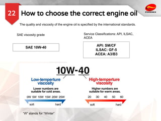 How to choose the correct engine oil
22
The quality and viscosity of the engine oil is specified by the international standards.
SAE viscosity grade Service Classifications: API, ILSAC,
ACEA
SAE 10W-40
API: SM/CF
ILSAC: GF-5
ACEA: A3/B3
“W” stands for “Winter”
 