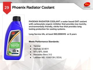 Phoenix Radiator Coolant
29
PHOENIX RADIATOR COOLANT a water based OAT coolant
with carboxylate organic inhibitor that provides low toxicity,
environmentally friendly, nitrite free that provides long
lasting protection for cooling systems.
Long Service life, at least 960,000KMS or 6 years
Meets Performance Standards:
● Yanmar
● Wartsila 32-9011
● MTU MTL 5049
● Mercedez Benz 312
● Leibherr MD 10360139 ( DCA)
 