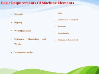 Basic Requirements Of Machine Elements
• Strength
• Rigidity
• Wear Resistance
• Minimum Dimensions and
Weight
• Manufacturability
• Safety
• Conformance to Standards
• Reliability
• Maintainability
• Minimum: Life-cycle Cost
 