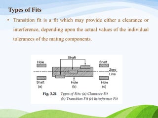 Types of Fits
• Transition fit is a fit which may provide either a clearance or
interference, depending upon the actual values of the individual
tolerances of the mating components.
 