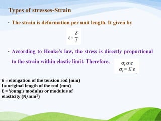 Types of stresses-Strain
• The strain is deformation per unit length. It given by
• According to Hooke’s law, the stress is directly proportional
to the strain within elastic limit. Therefore,
δ = elongation of the tension rod (mm)
l = original length of the rod (mm)
E = Young’s modulus or modulus of
elasticity (N/mm2)
 