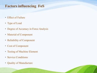 Factors influencing FoS
• Effect of Failure
• Type of Load
• Degree of Accuracy in Force Analysis
• Material of Component
• Reliability of Component
• Cost of Component
• Testing of Machine Element
• Service Conditions
• Quality of Manufacture
 