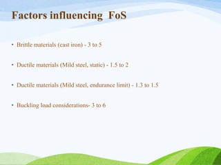 Factors influencing FoS
• Brittle materials (cast iron) - 3 to 5
• Ductile materials (Mild steel, static) - 1.5 to 2
• Ductile materials (Mild steel, endurance limit) - 1.3 to 1.5
• Buckling load considerations- 3 to 6
 